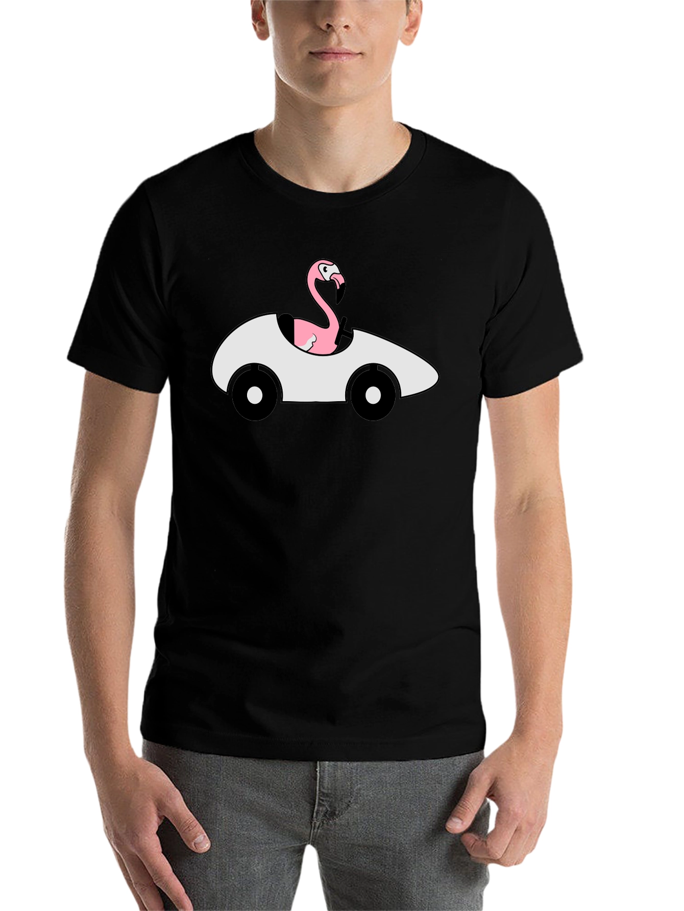 Black Flamingo Driving Car Graphic T-Shirt view 7