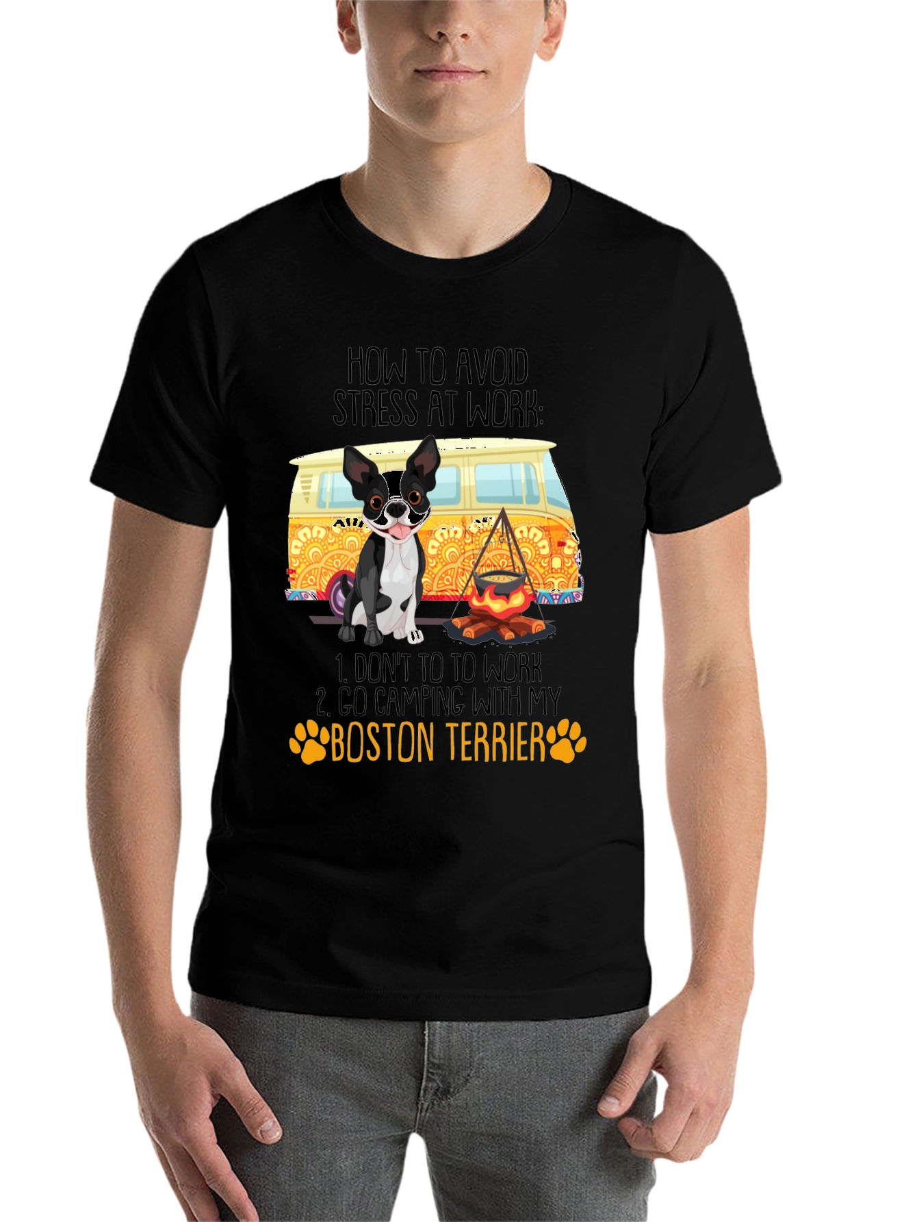 Black Boston Terrier Camping Graphic Tee - Avoid Stress at Work view 7