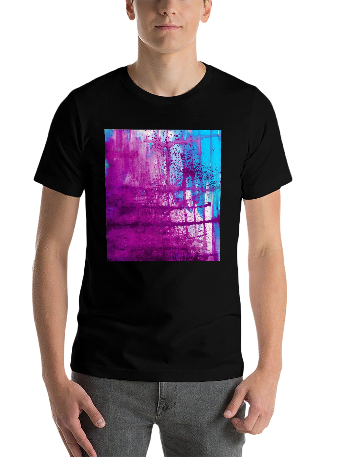 Black Abstract Purple & Blue Graphic Print Black T-Shirt view 7