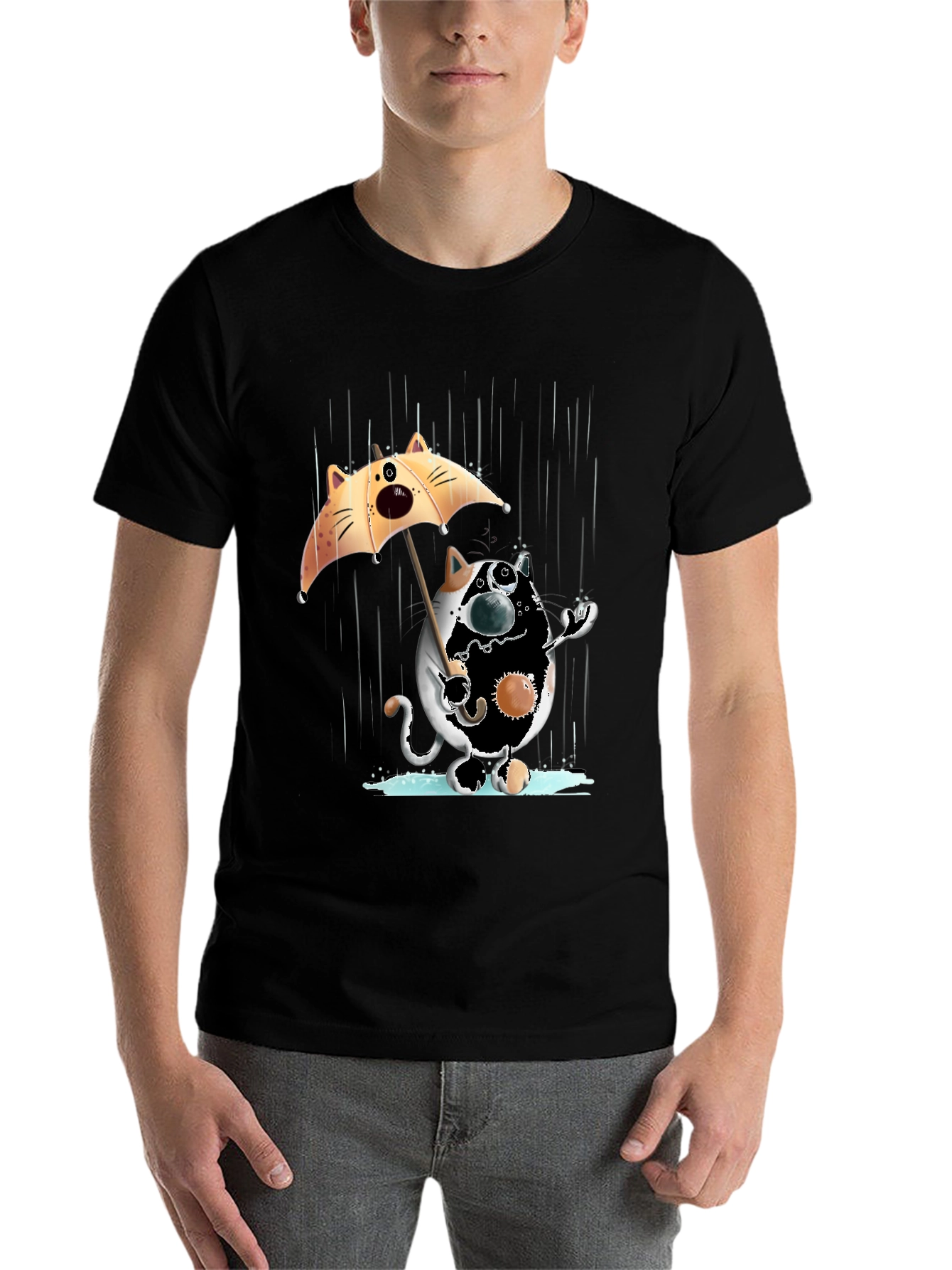 Black Funny Cat in Rain Graphic T-Shirt view 7