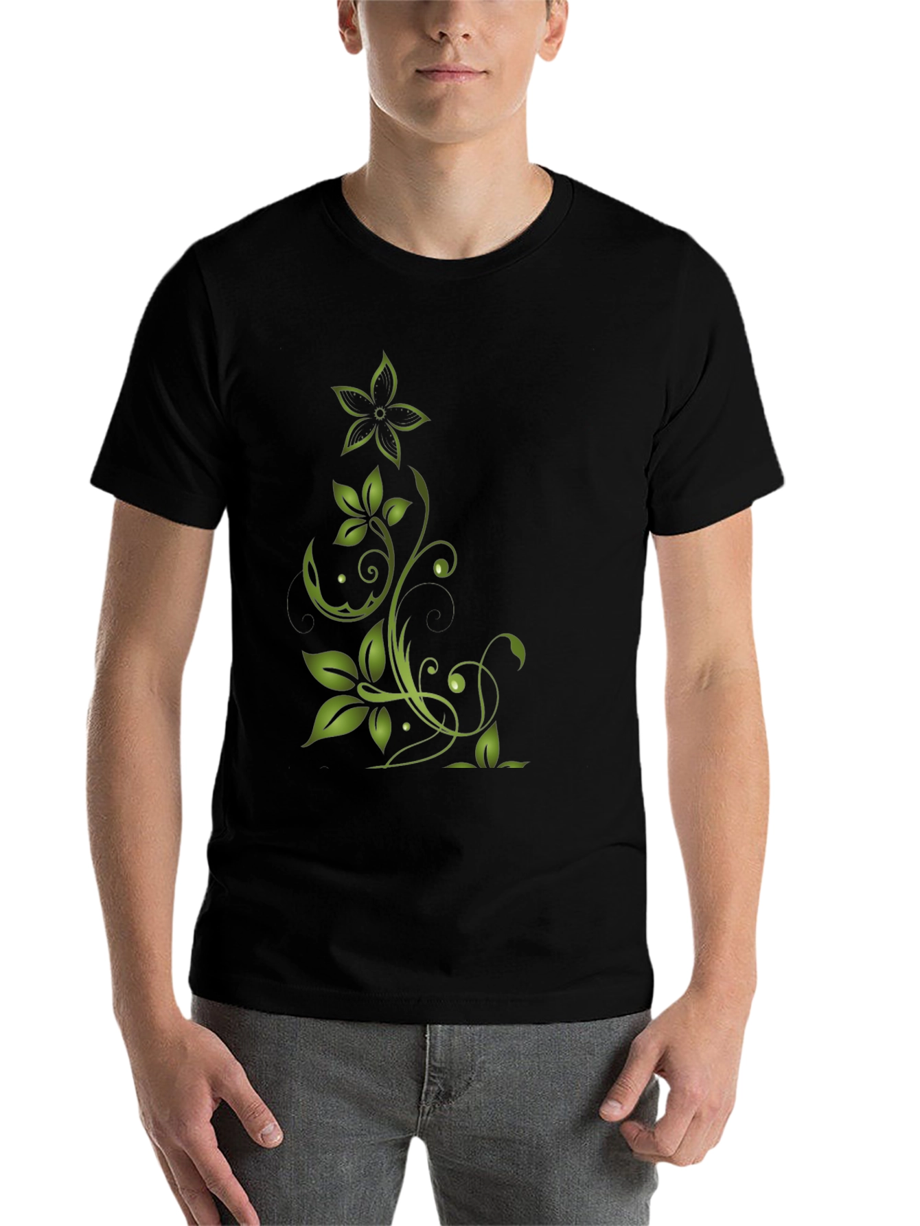 Black Green Floral Design Black T-Shirt view 7