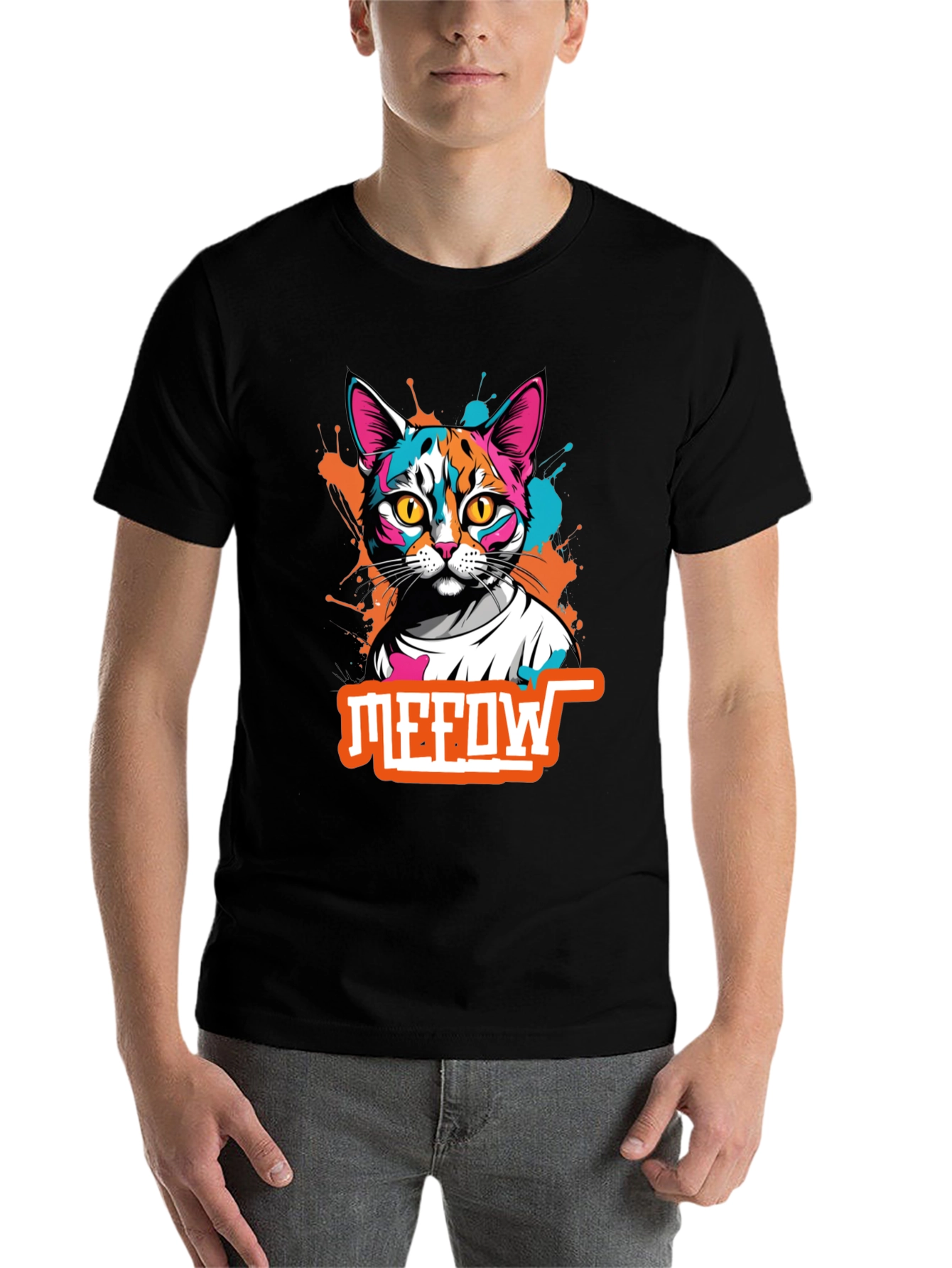 Black Cool Cat Graphic Tee - Meow T-Shirt view 7