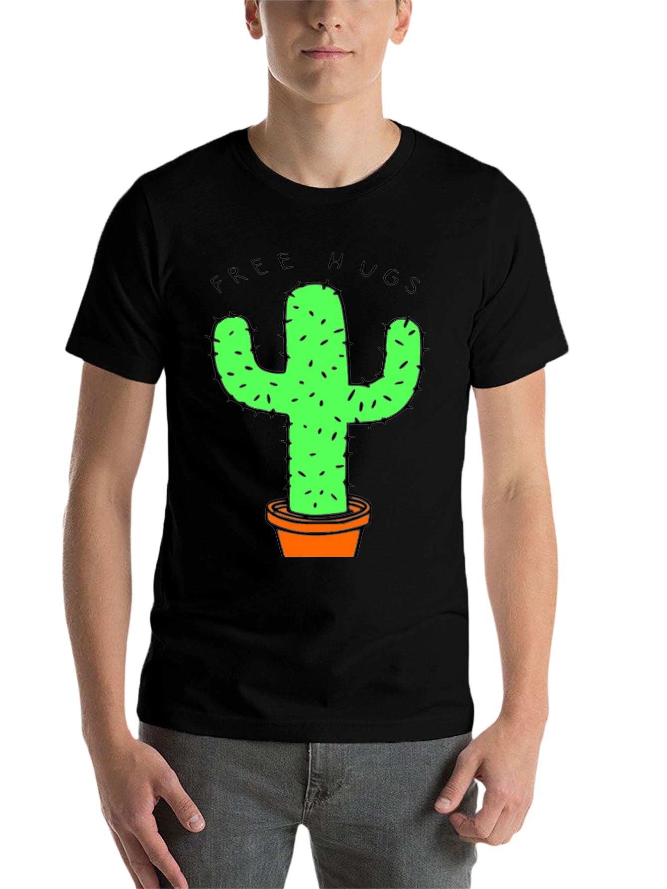 Black Funny Free Hugs Cactus Graphic T-Shirt view 7