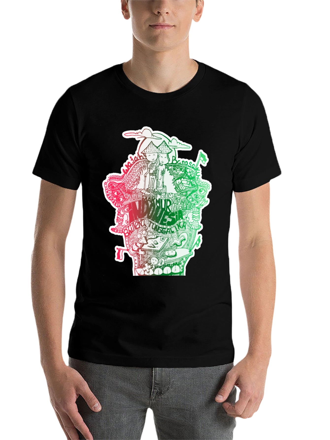 Black Indonesia Doodle Art Black T-Shirt view 7
