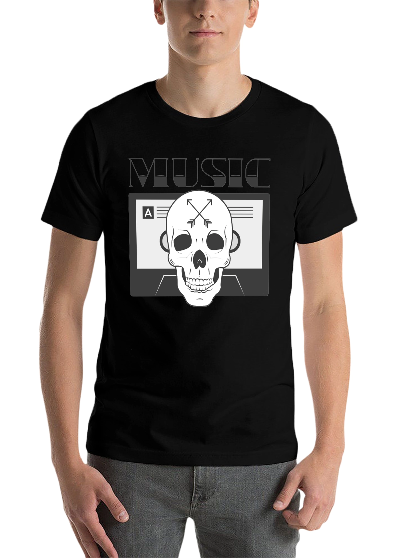 Black Music Skull Graphic Tee - Black Cotton Blend T-Shirt view 7