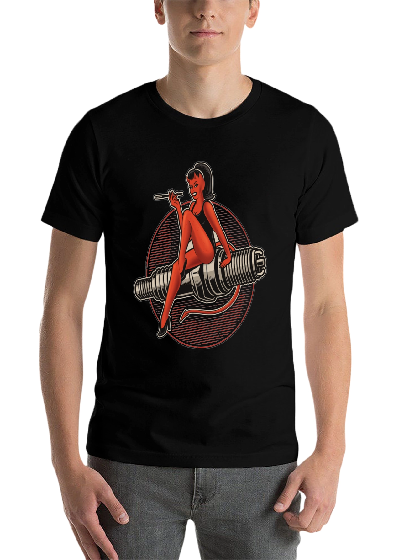 Black Devil Pin-Up Girl Spark Plug Graphic T-Shirt view 7