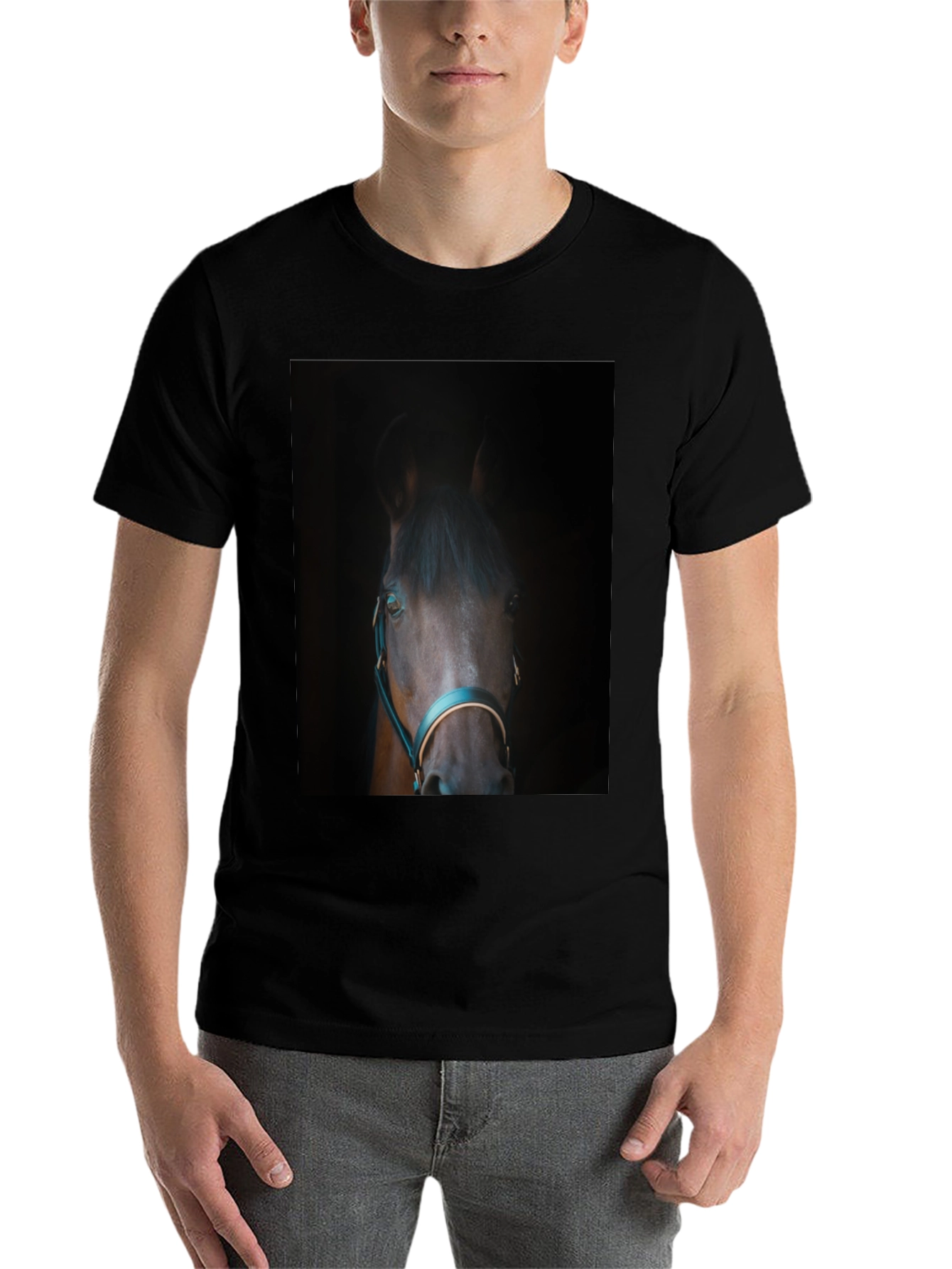 Black Horse Portrait Black T-Shirt - Equestrian Style view 7
