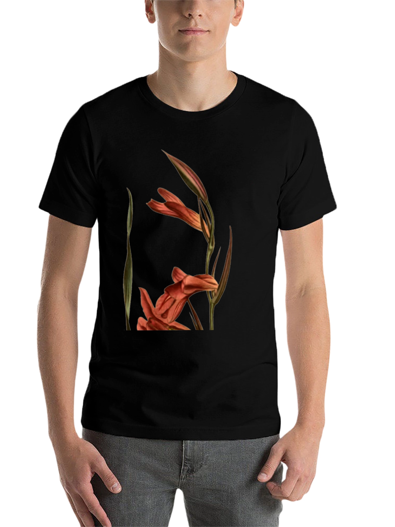 Black Floral Gladiolus Print Black T-Shirt view 7