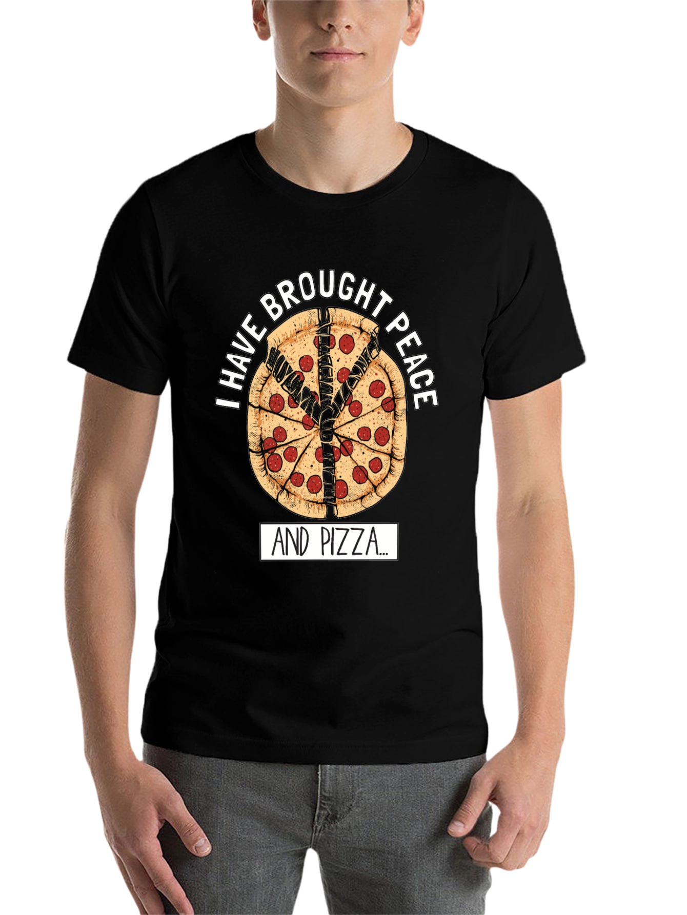 Black Peace Pizza T-Shirt - "I Have Brought Peace And Pizza" view 7