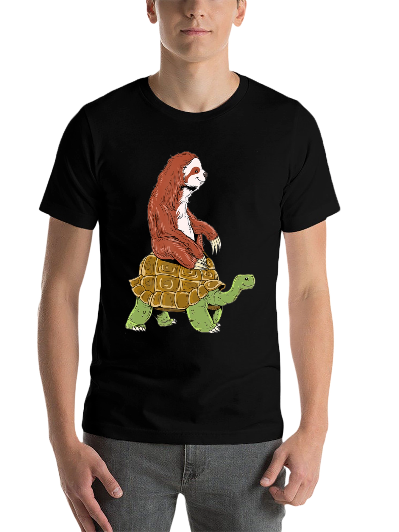 Black Sloth Riding Turtle Graphic Tee - Funny Animal Shirt view 7