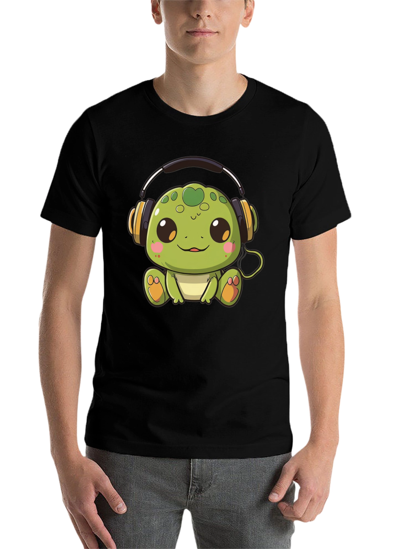 Black Cute Turtle with Headphones Black T-Shirt view 7