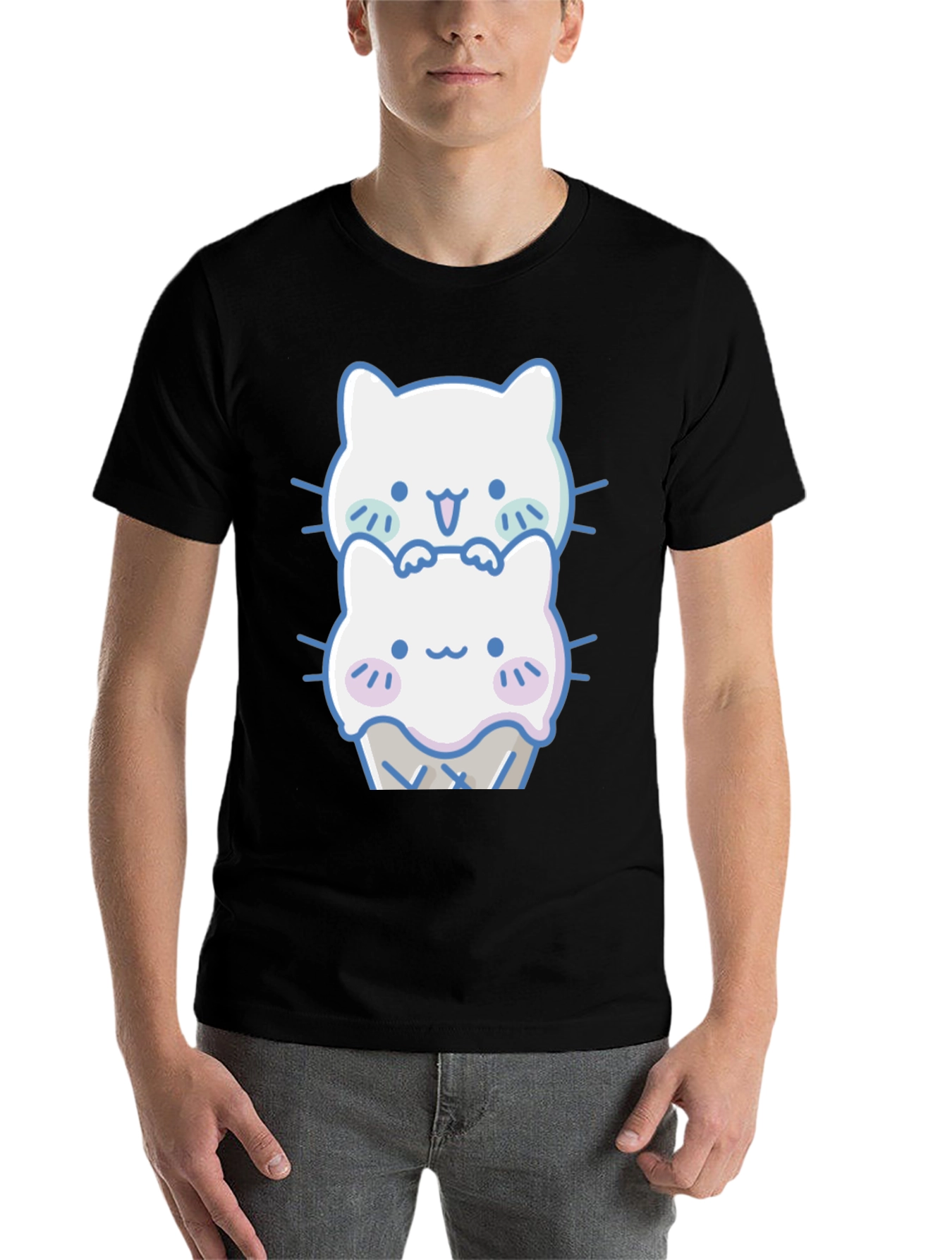 Black Cute Kawaii Cat Ice Cream T-Shirt view 7