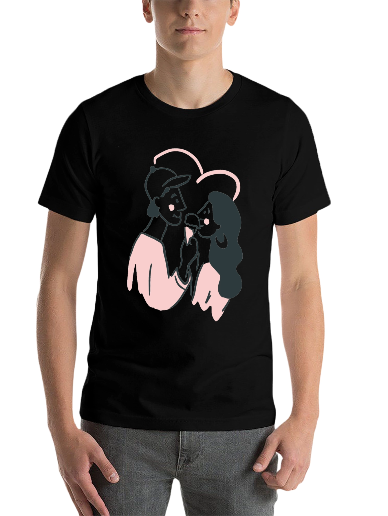 Black Couple's Cartoon Graphic Black T-Shirt view 7