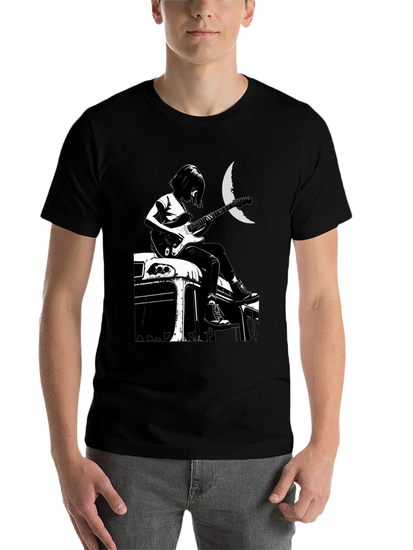 Black Guitarist Moon Graphic T-Shirt view 7