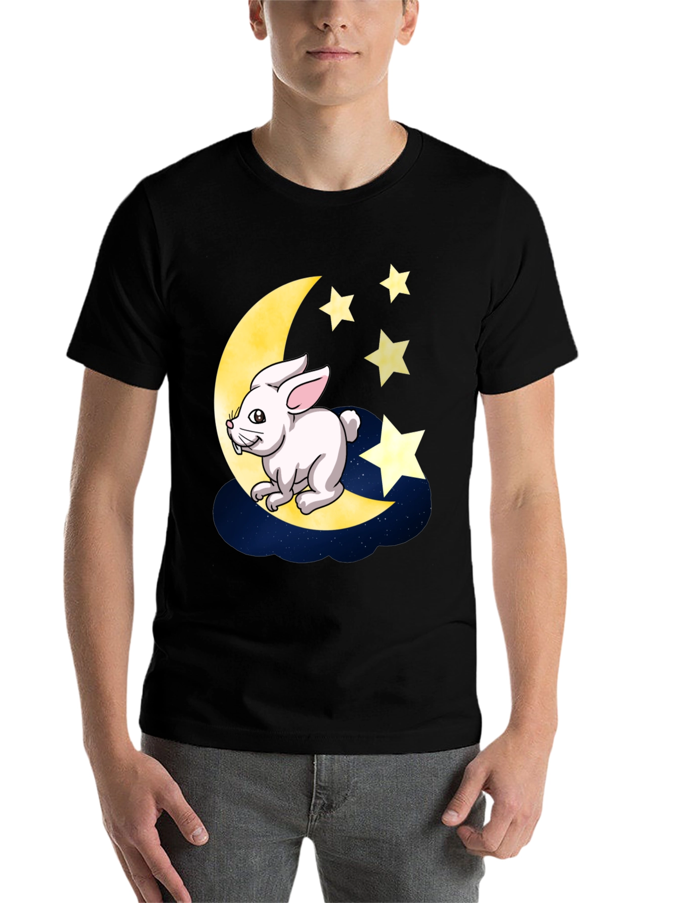Black Moon Rabbit Graphic Tee - Black Cotton T-Shirt view 7