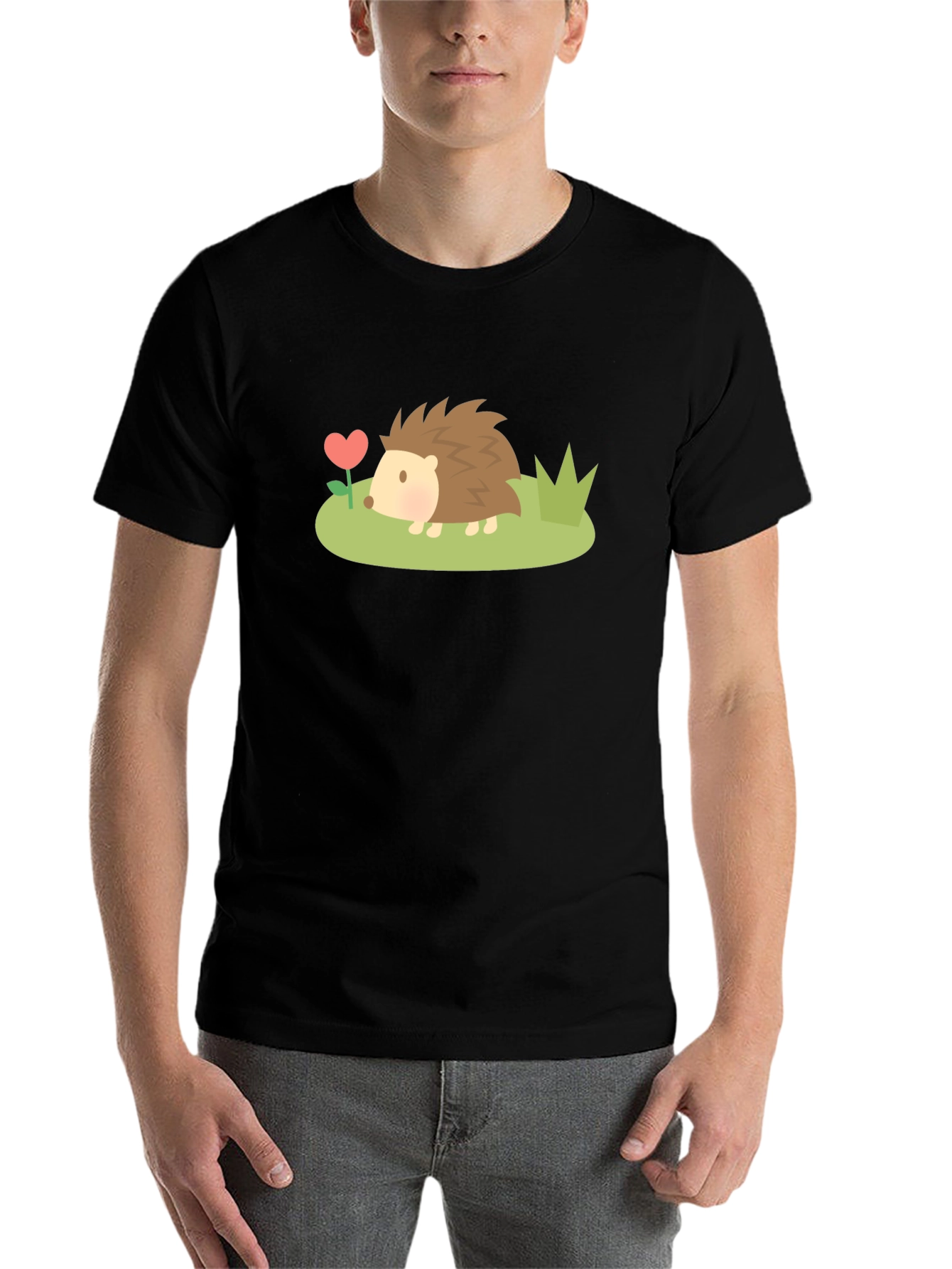 Black Cute Hedgehog Heart Flower Graphic T-Shirt view 7