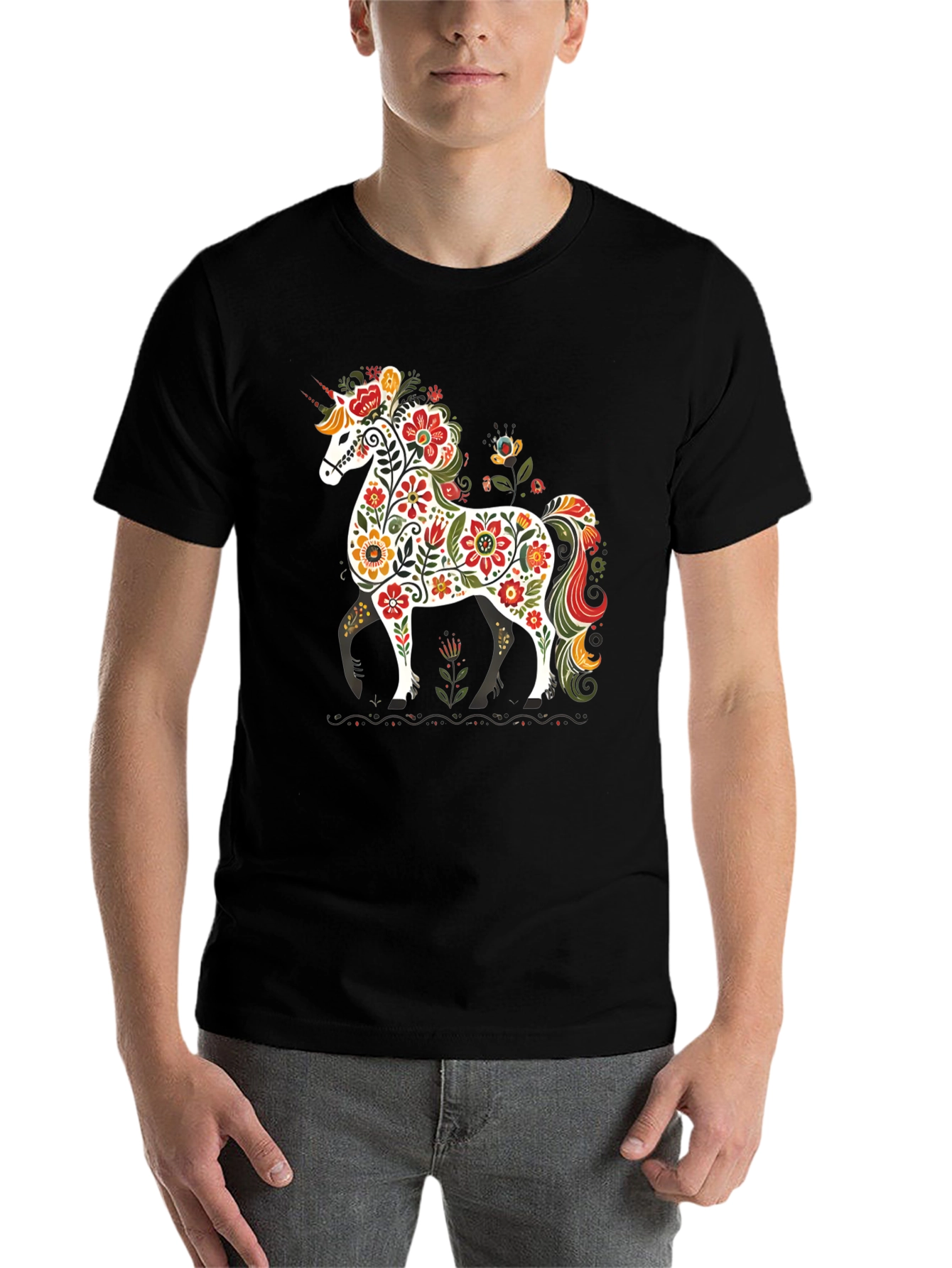 Black Floral Unicorn Graphic Tee - Black Unisex T-Shirt view 7