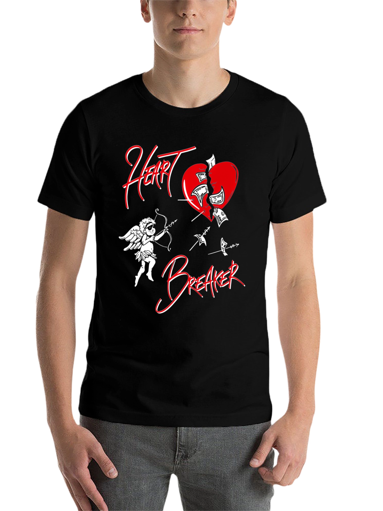 Black Heart Breaker T-Shirt with Cupid and Broken Heart Design view 7