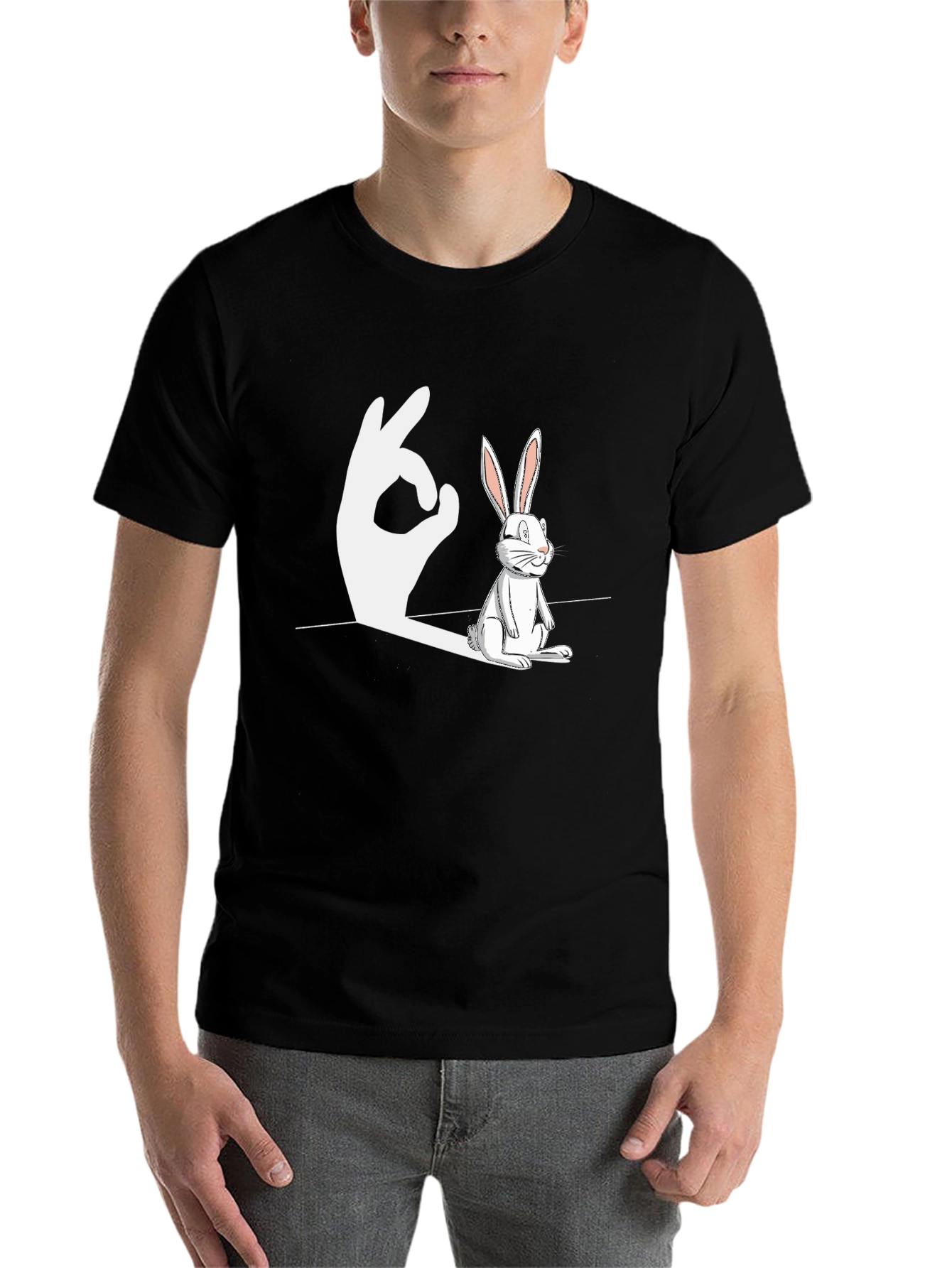 Black Rabbit Shadow Hand Gesture Funny Graphic T-Shirt view 7