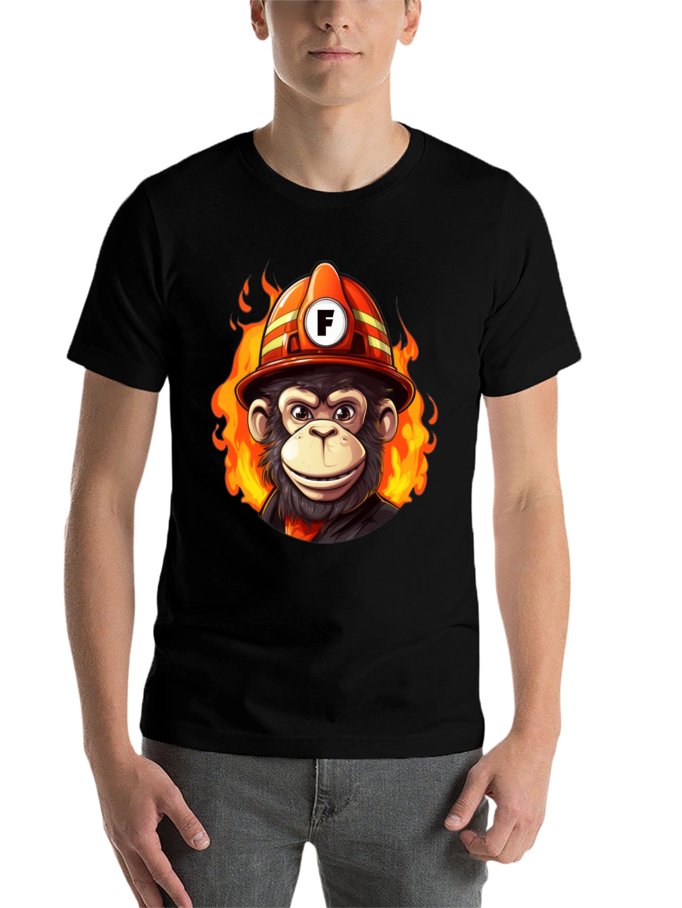 Black Fire Monkey Tee - Fun Cartoon Firefighter Ape T-Shirt view 7