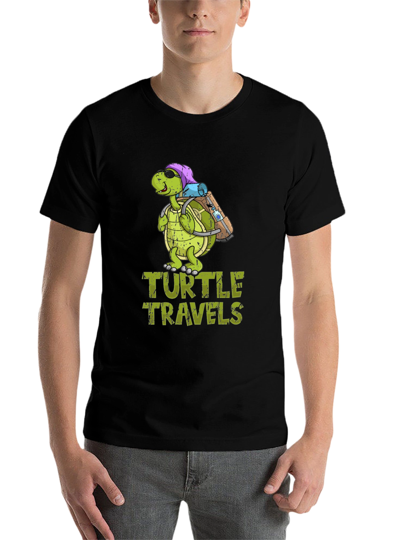 Black Turtle Travels T-Shirt, Funny Cartoon Graphic Tee view 7