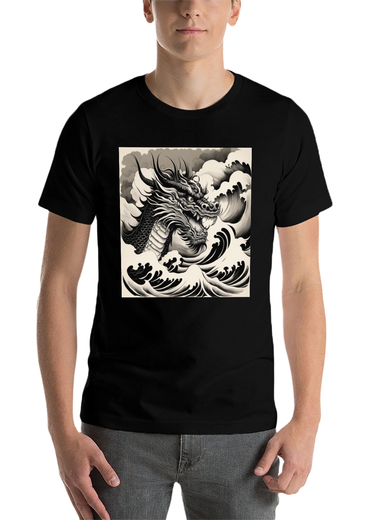 Black Dragon & Waves Graphic Tee - Black view 7