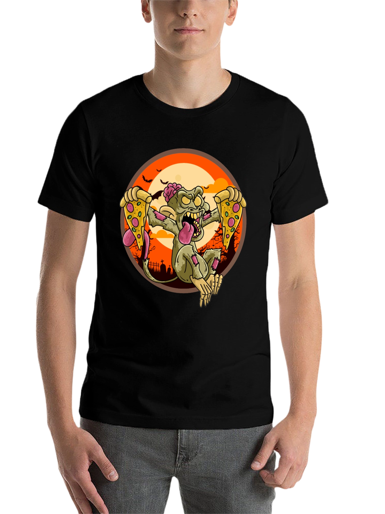 Black Zombie Pizza Lover Graphic Tee - Halloween T-Shirt view 7