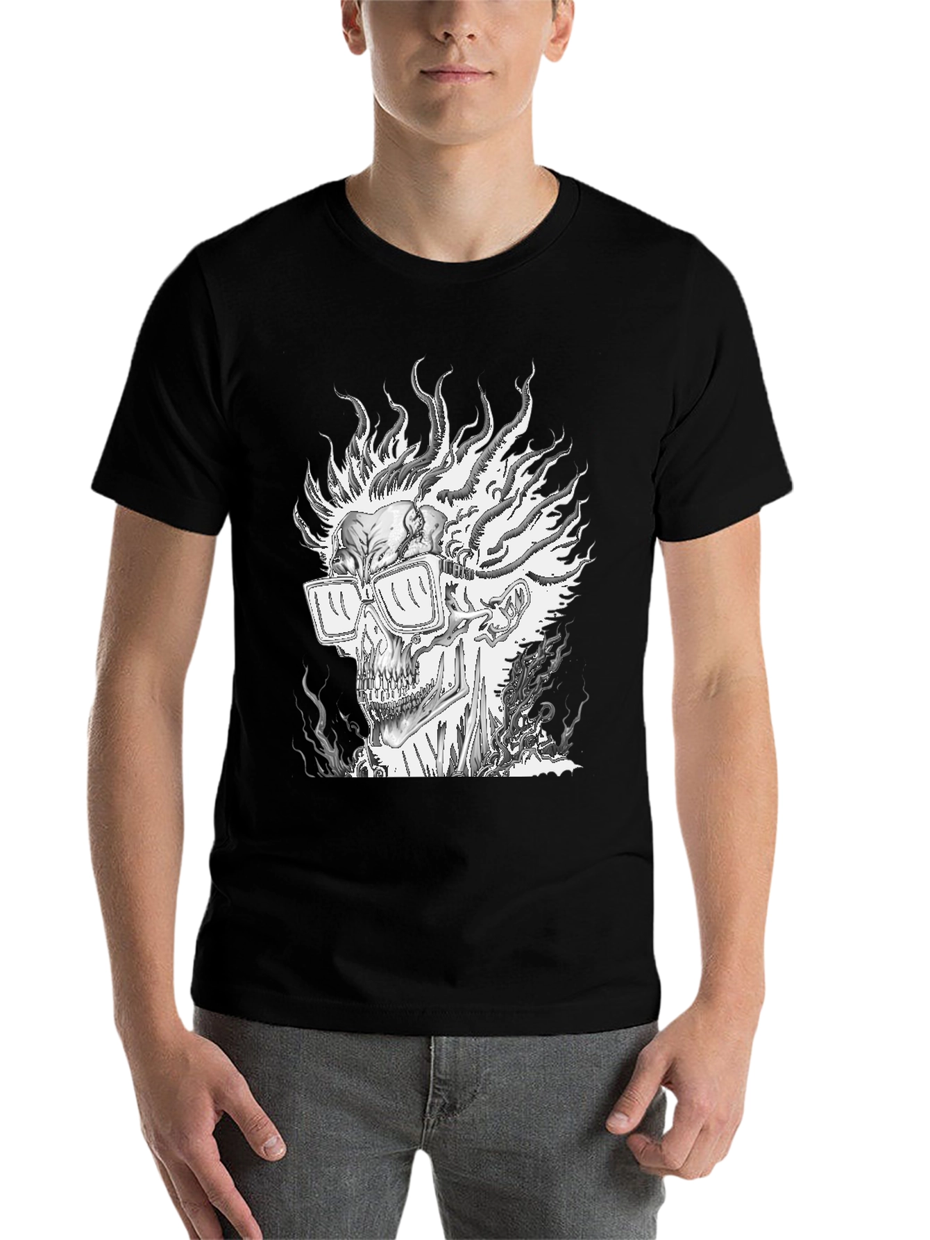 Black Flaming Skull Graphic Tee - Men's Black T-Shirt view 7