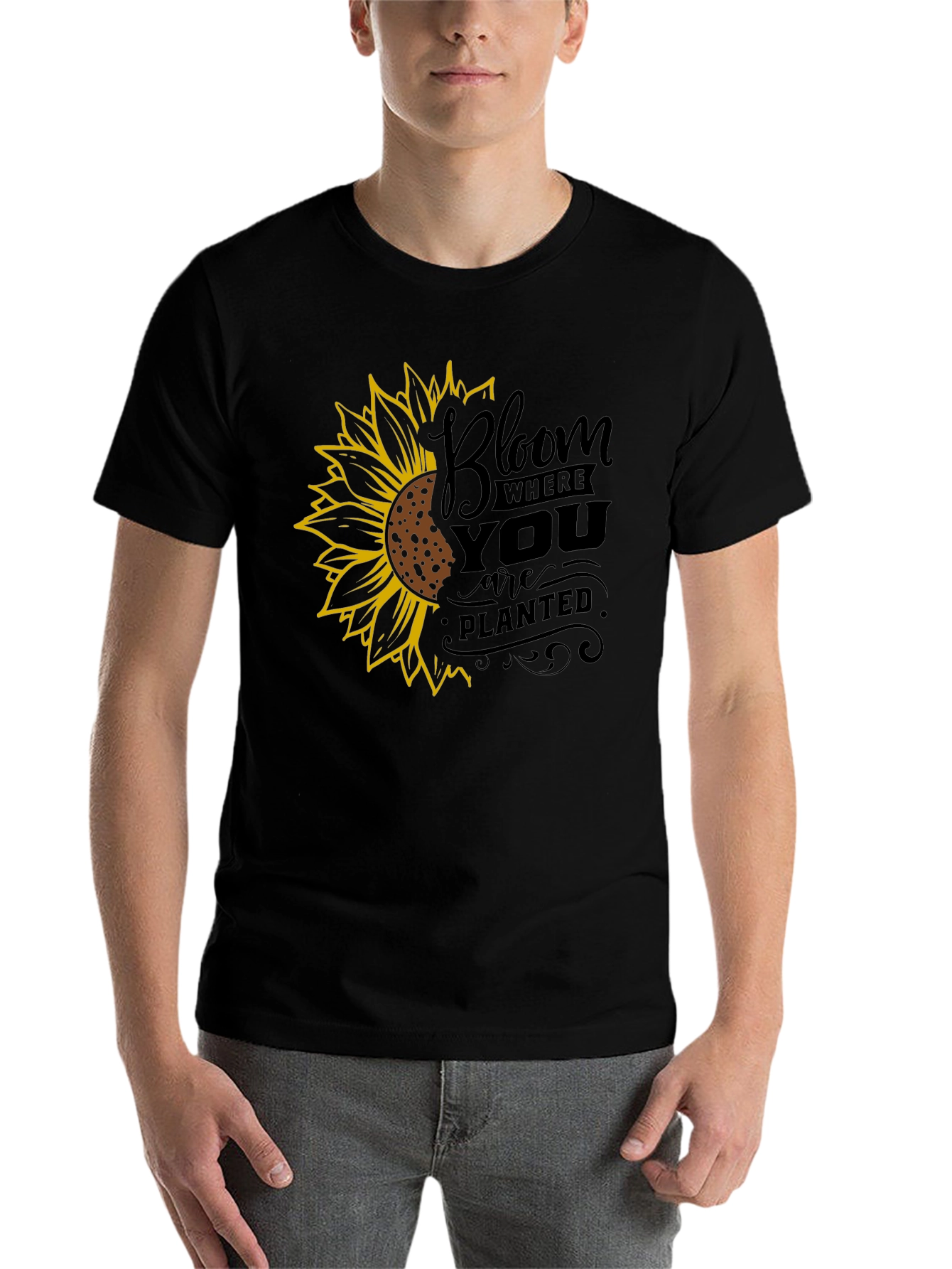 Black Bloom Where You Are Planted Sunflower Black T-Shirt view 7