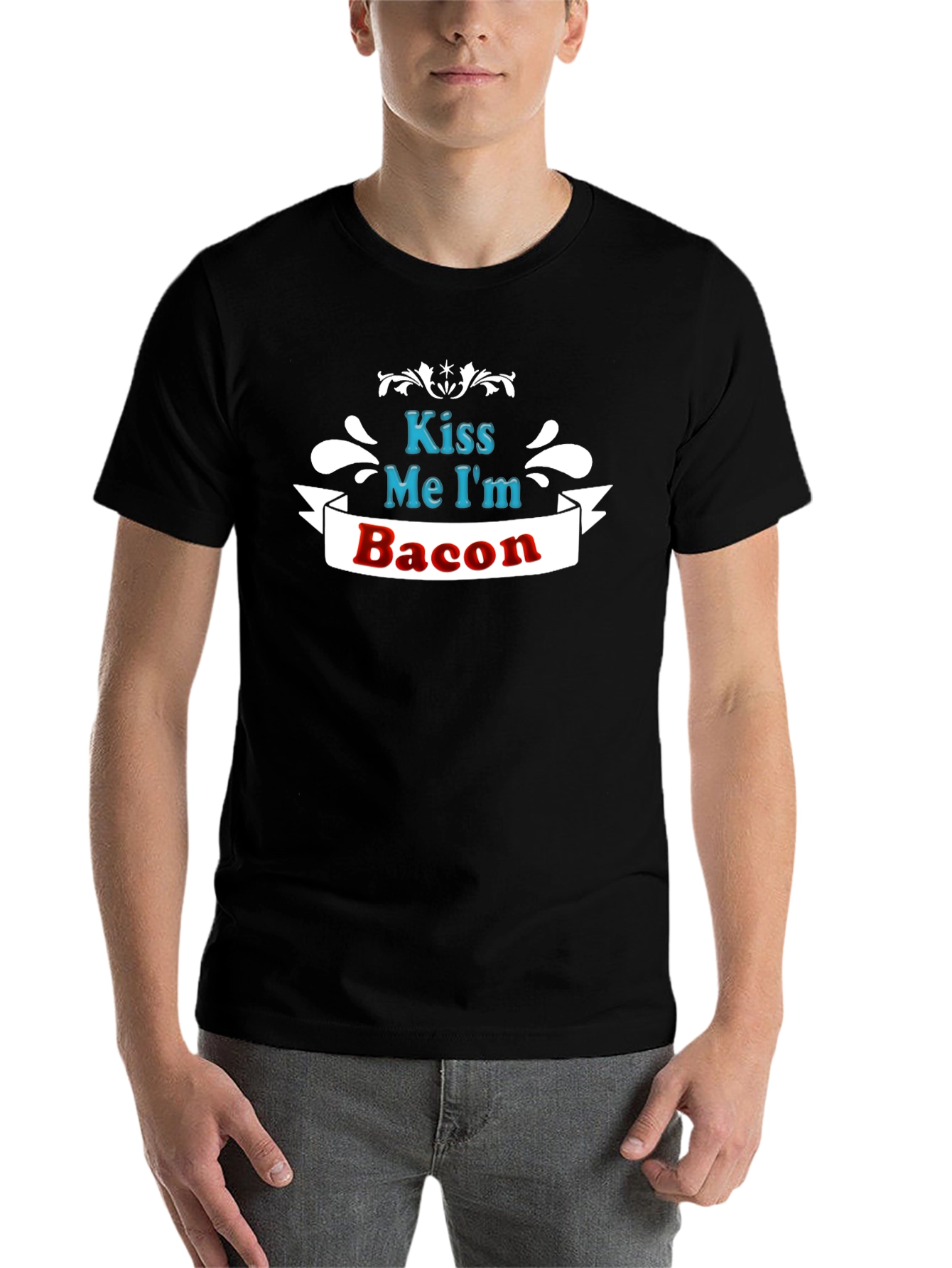 Black Kiss Me I'm Bacon - Funny T-Shirt view 7