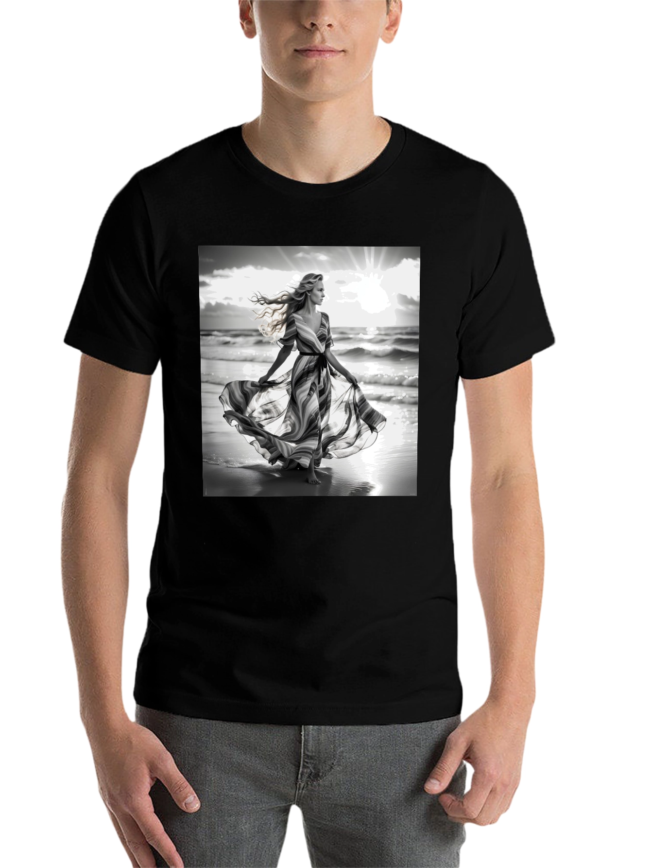 Black Elegant Woman on Beach T-Shirt view 7