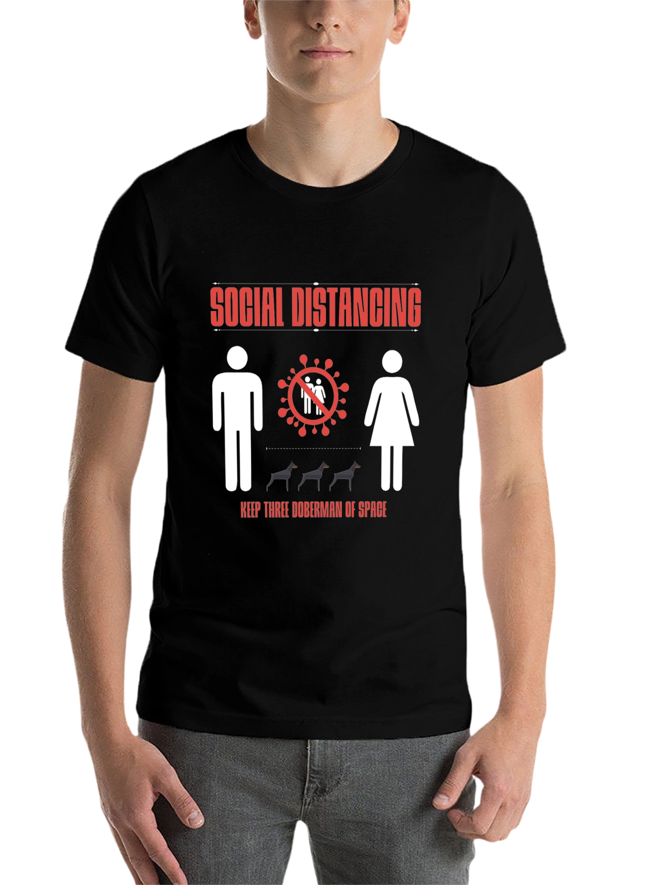 Black Social Distancing Doberman T-Shirt view 7