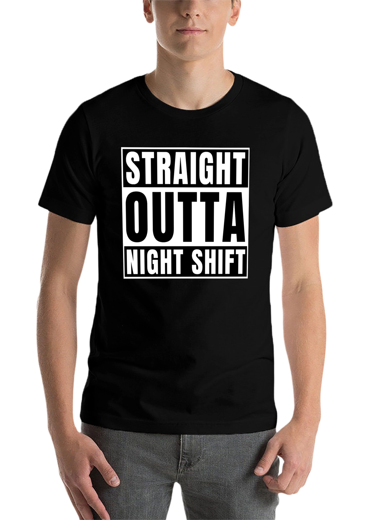 Black Straight Outta Night Shift Black Graphic T-Shirt view 7