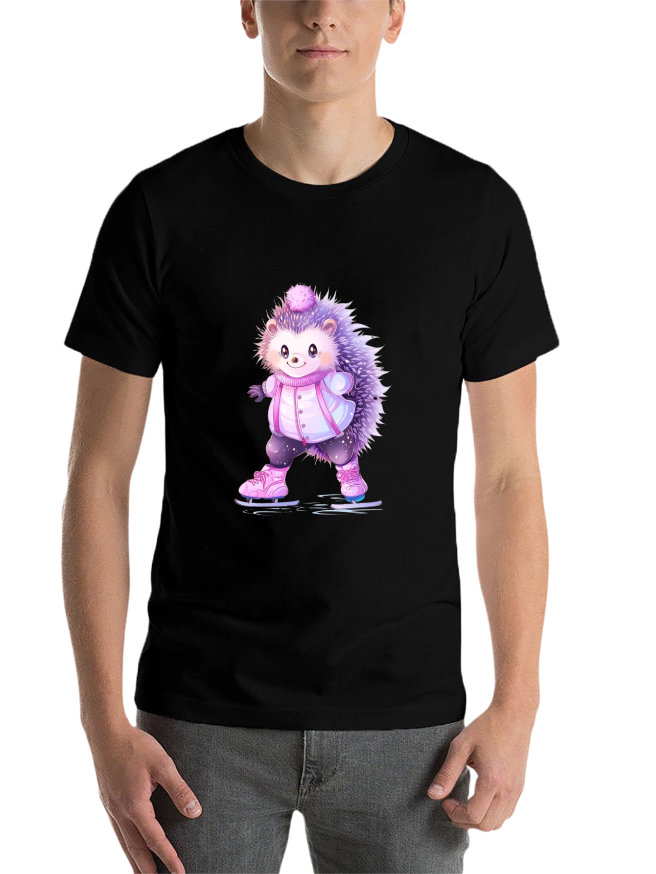 Black Cute Hedgehog Ice Skating T-Shirt view 7