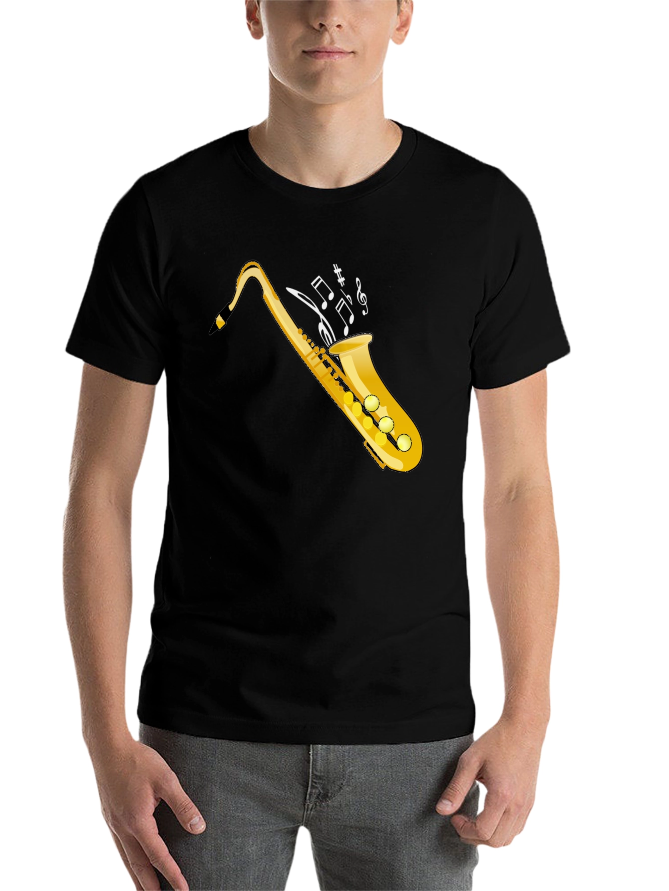 Black Saxophone Music Notes Graphic Tee view 7