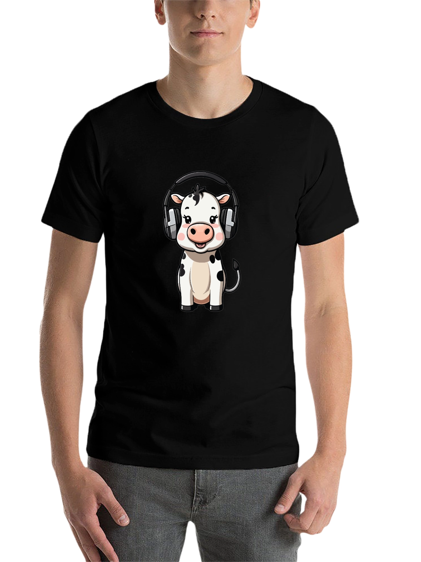 Black Cute Cow with Headphones Graphic Tee - Black Cotton view 7