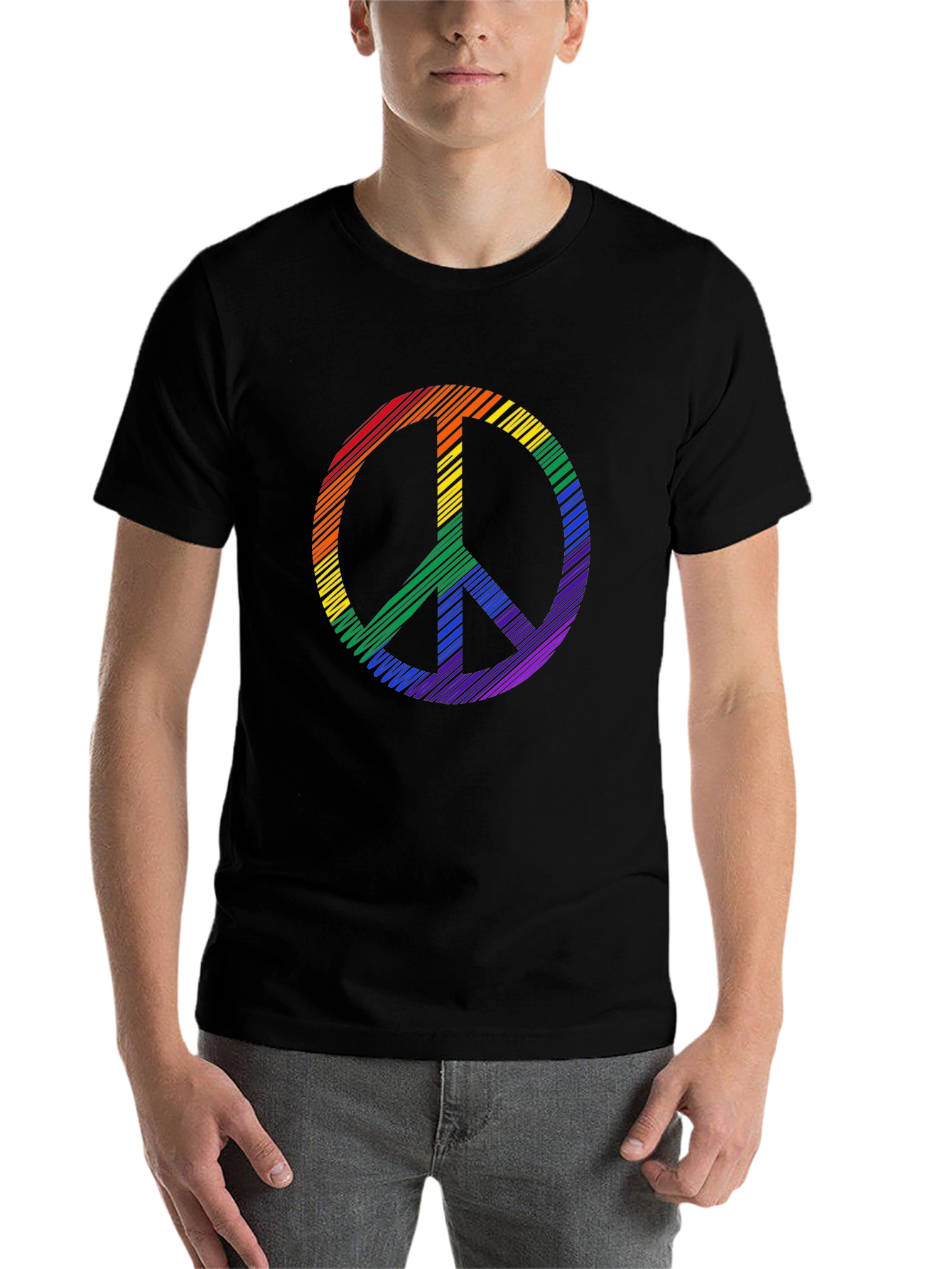 Black Rainbow Peace Sign Graphic Tee - Black Cotton Casual Shirt view 7