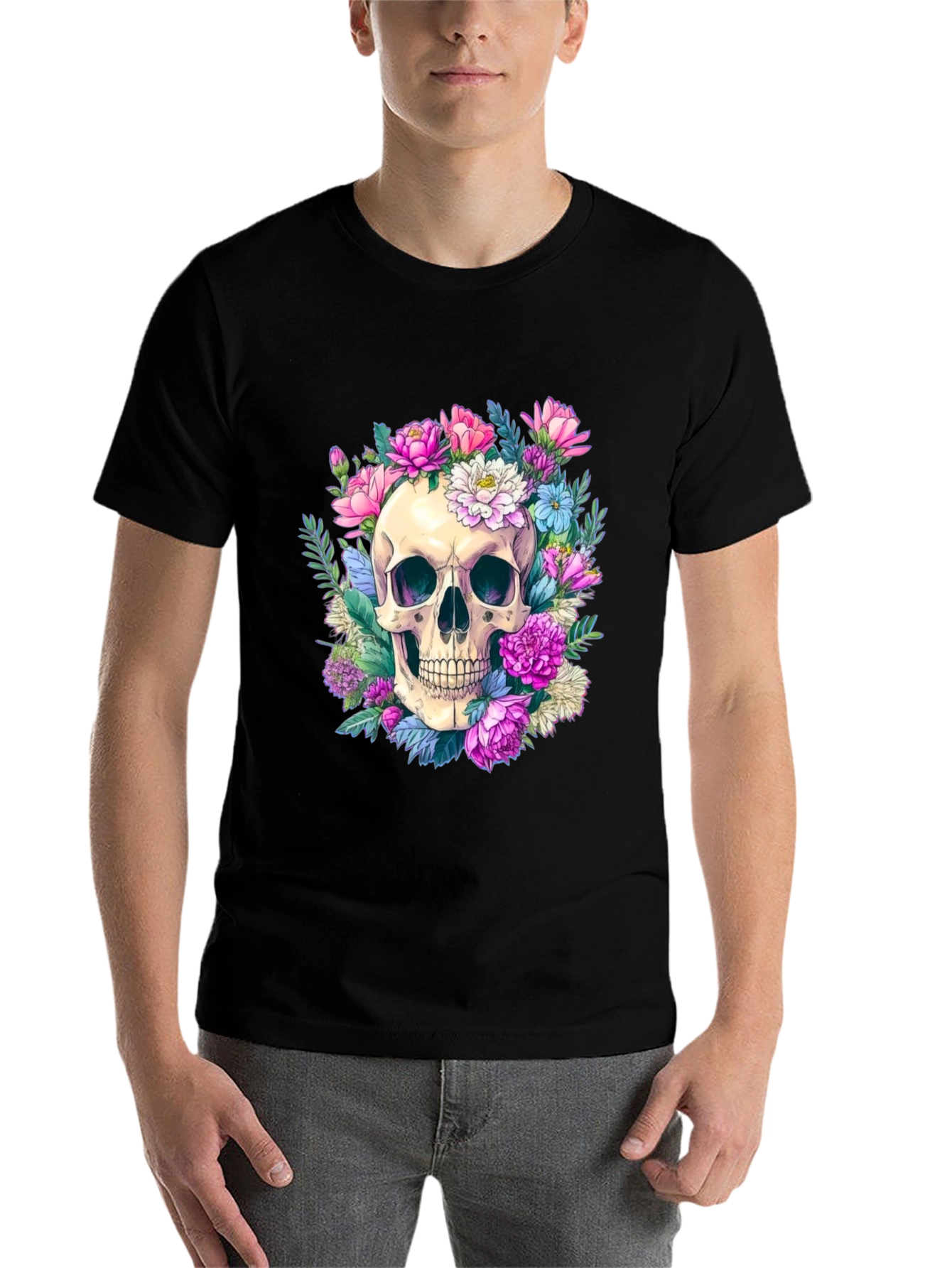 Black Floral Skull Graphic Tee - Men's Black T-Shirt view 7