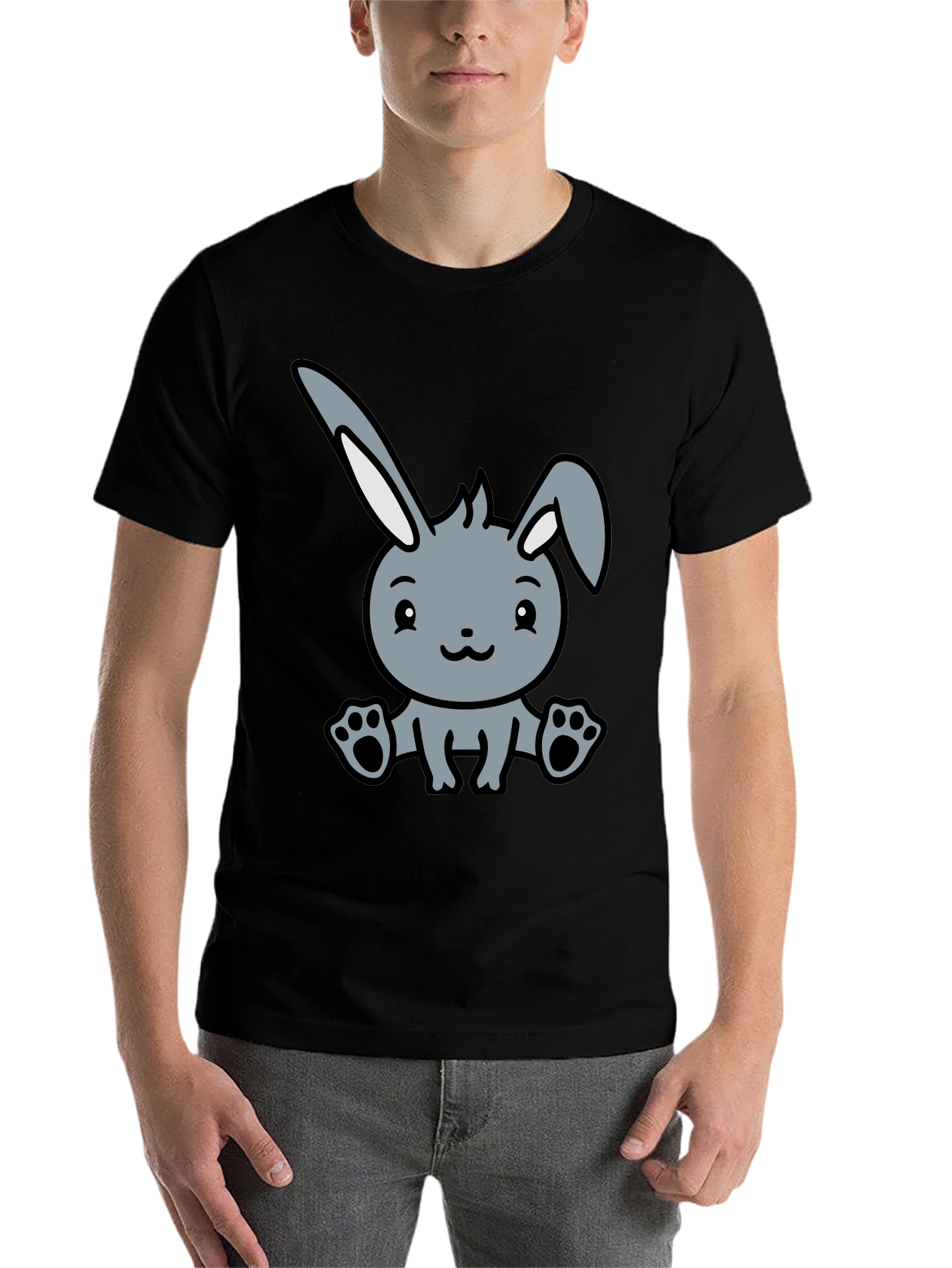 Black Cute Cartoon Bunny Graphic Black T-Shirt view 7