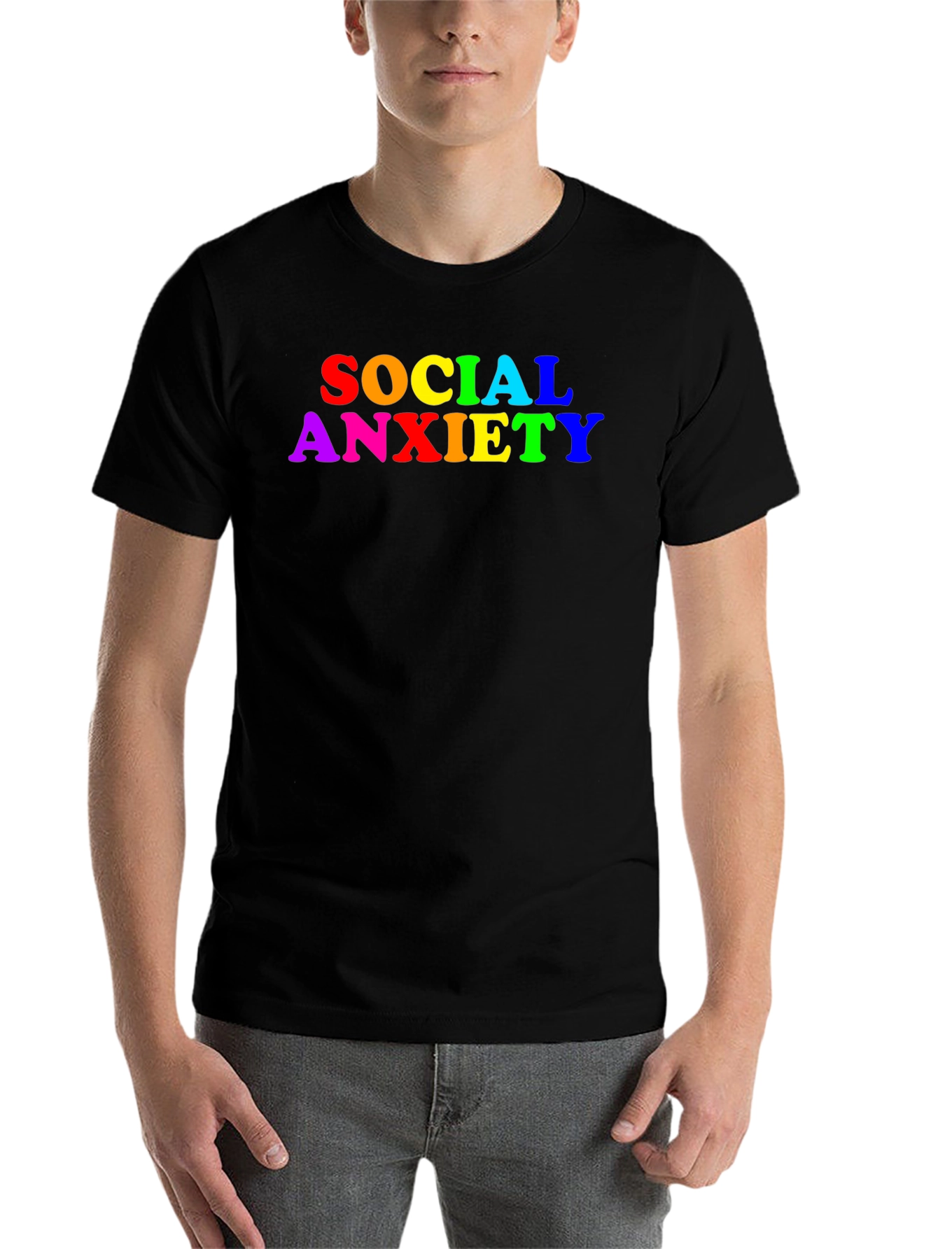Black Social Anxiety Rainbow Text Black T-Shirt view 7