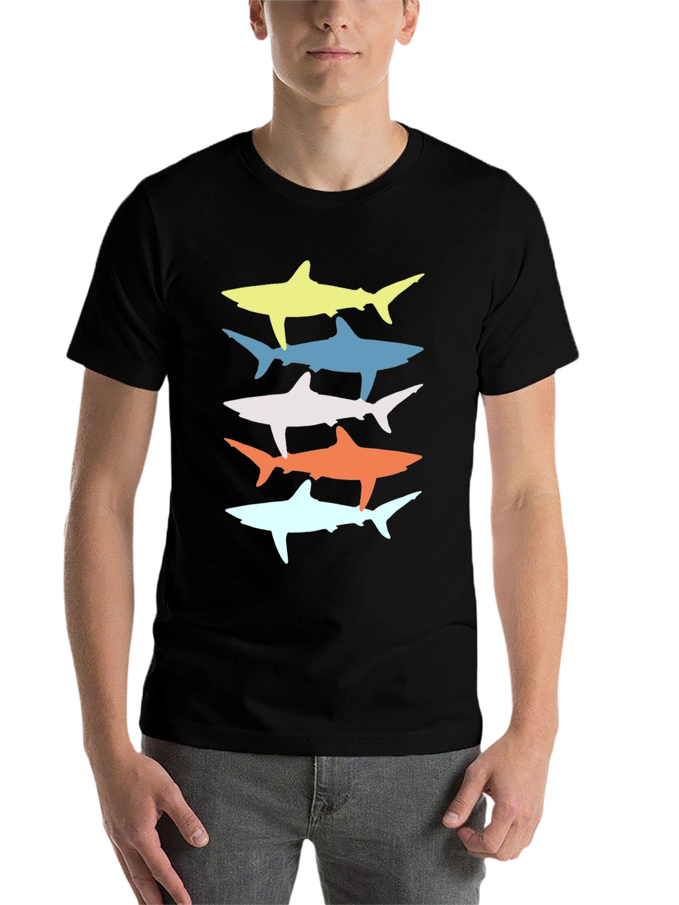 Black Retro Shark Stack Graphic Tee - Cool Casual Style view 7