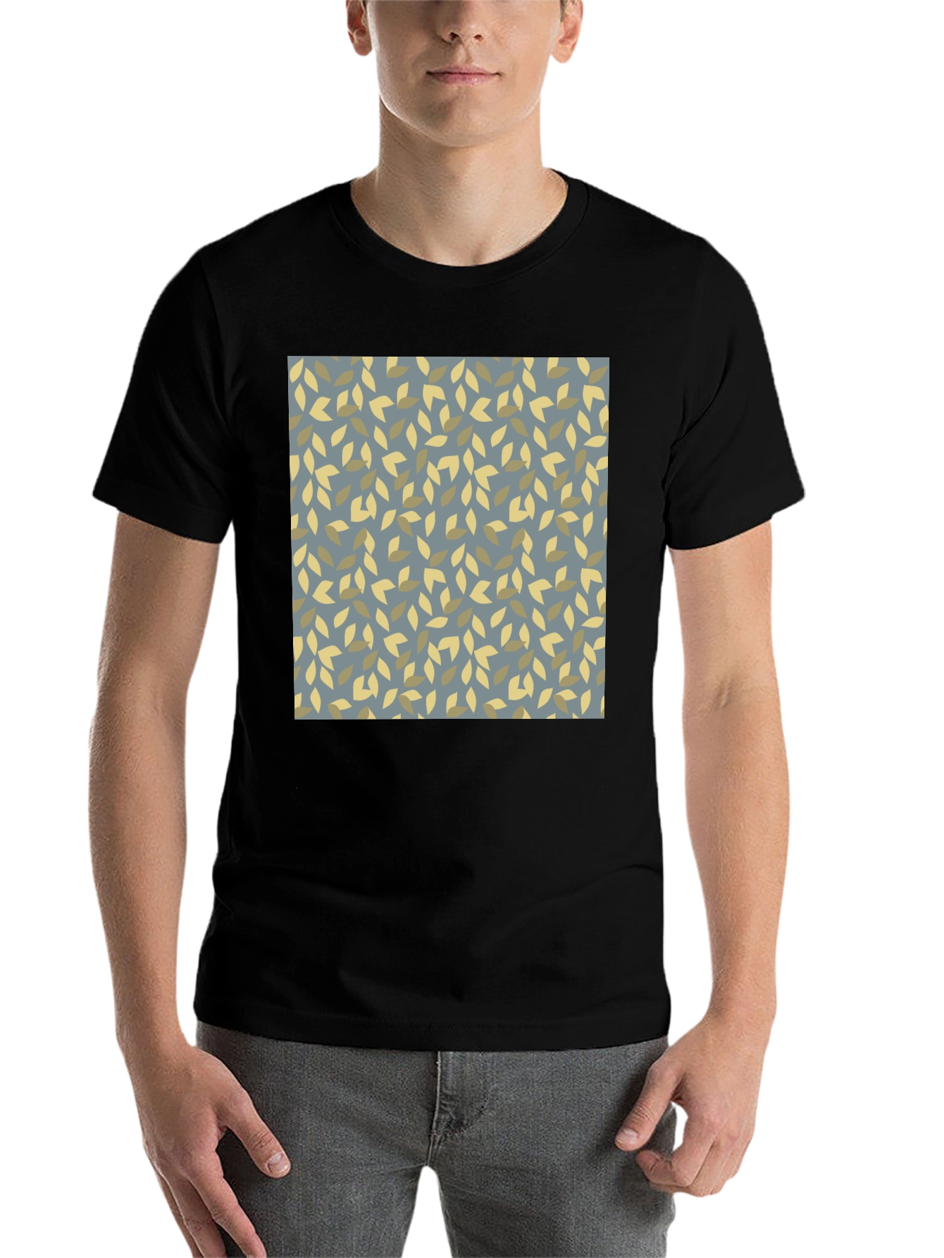 Black Leaf Pattern Black Tee - Modern Casual Style view 7