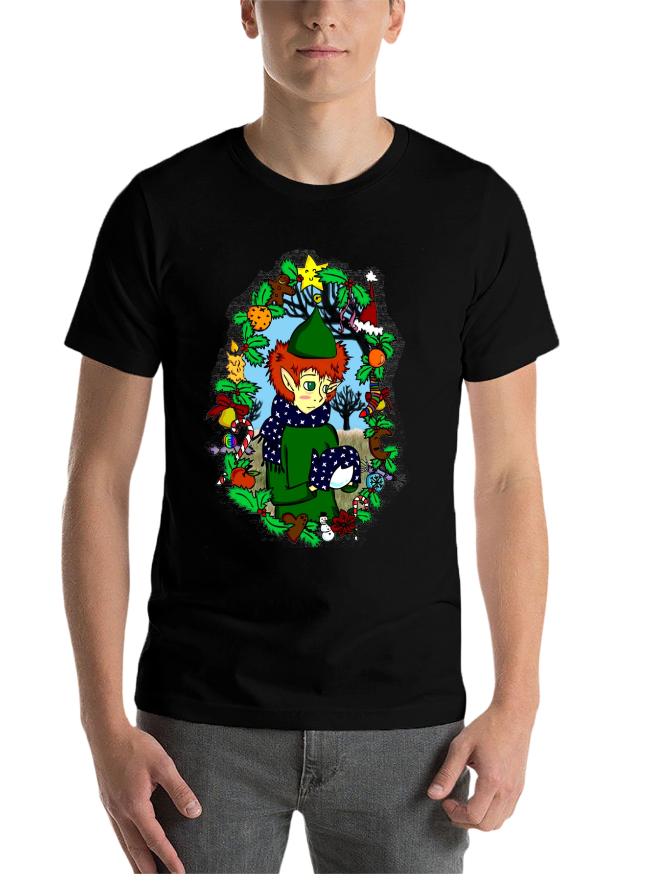 Black Festive Elf Christmas T-Shirt view 7