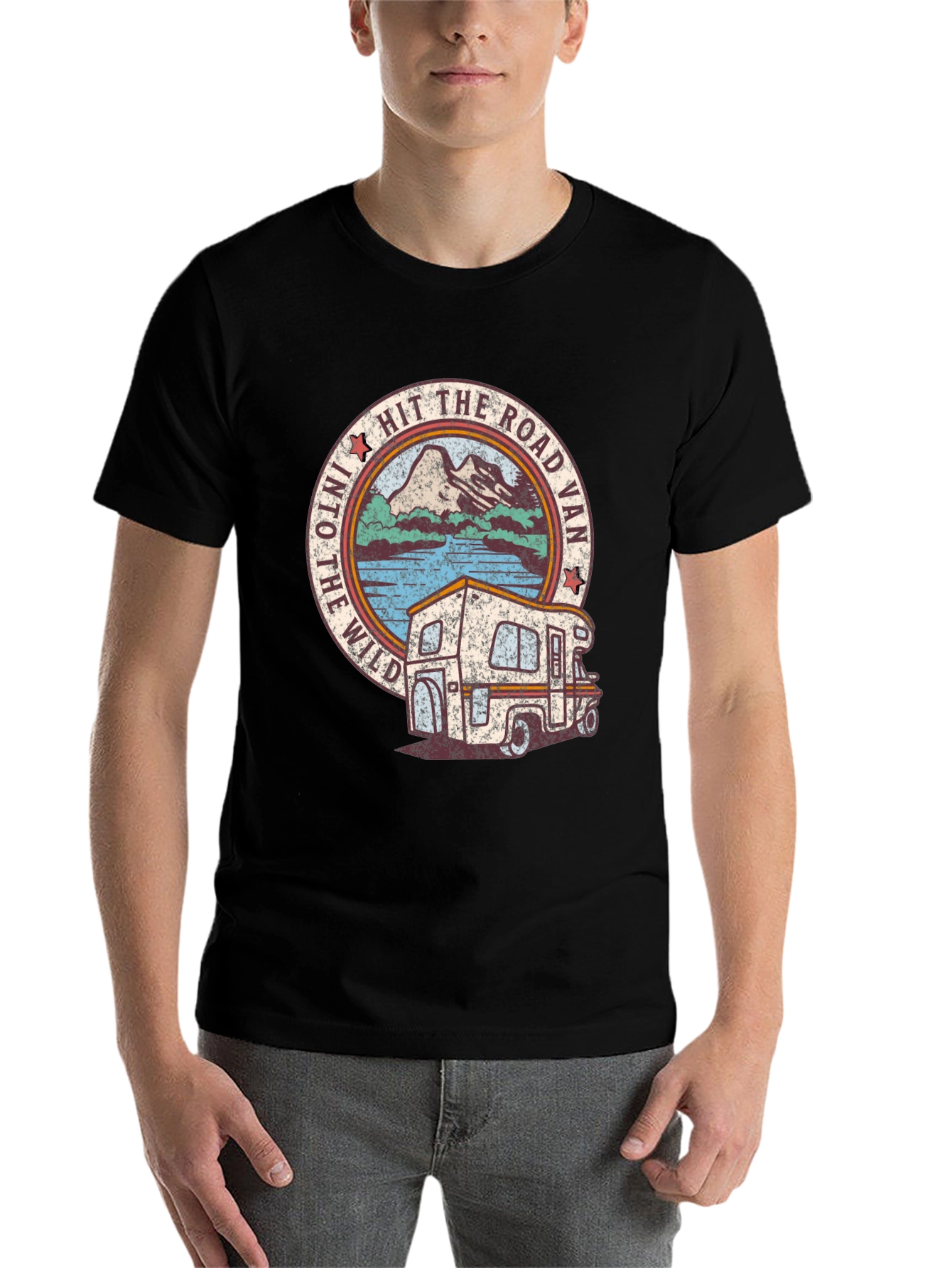 Black Hit The Road Van T-Shirt - Retro Wild Adventure Tee view 7