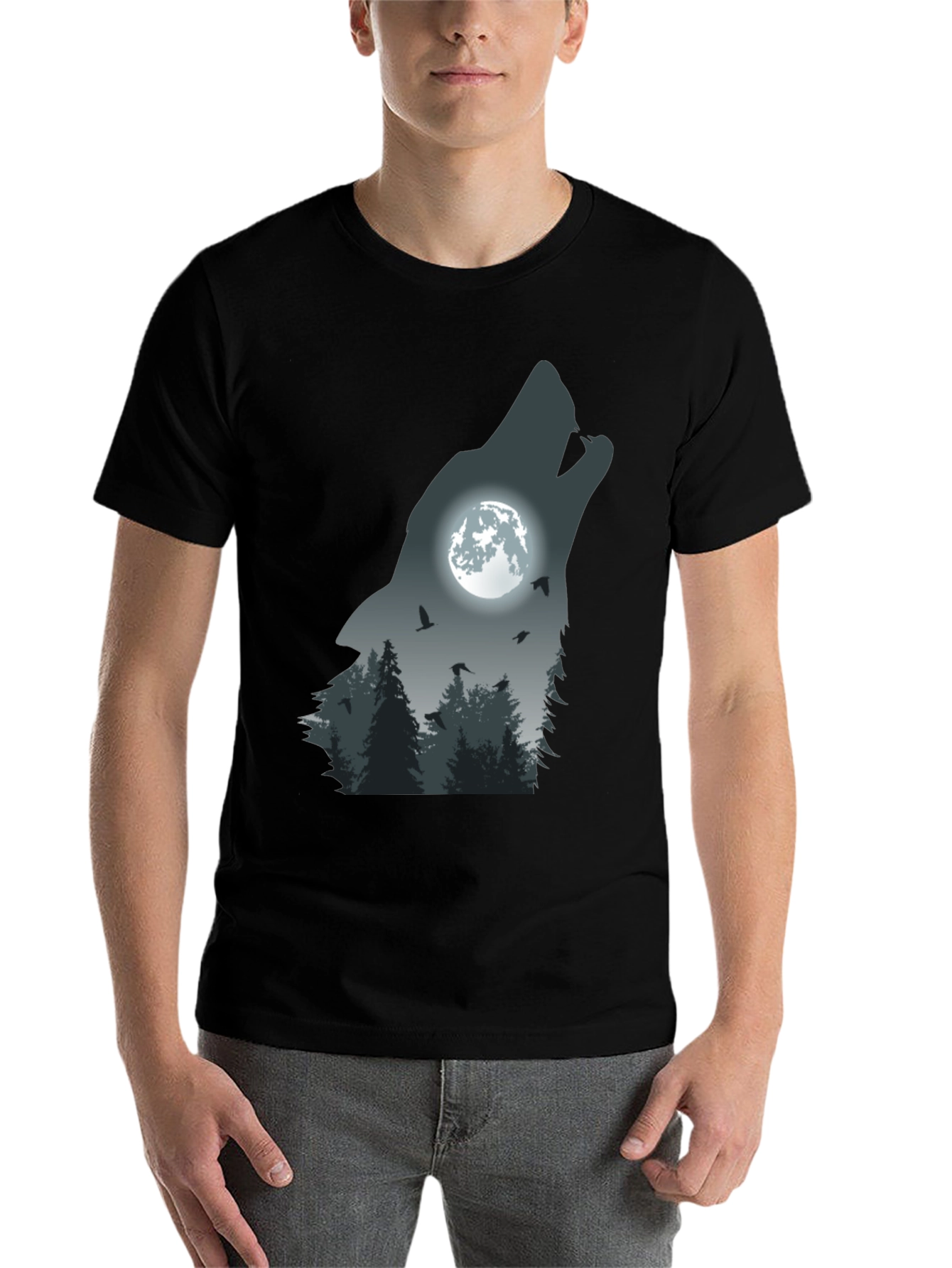 Black Wolf Moon Forest Graphic Tee - Men's Black T-Shirt view 7