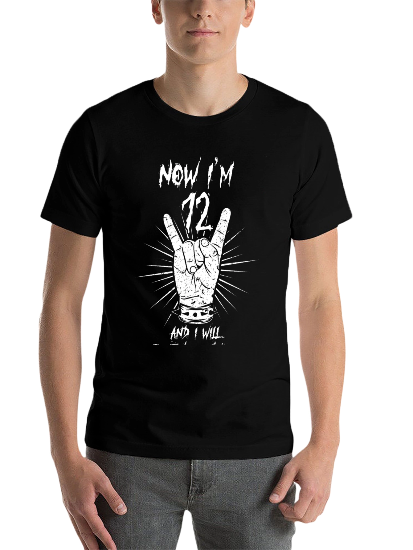 Black Now I'm 72 T-Shirt Rock On Hand Sign view 7