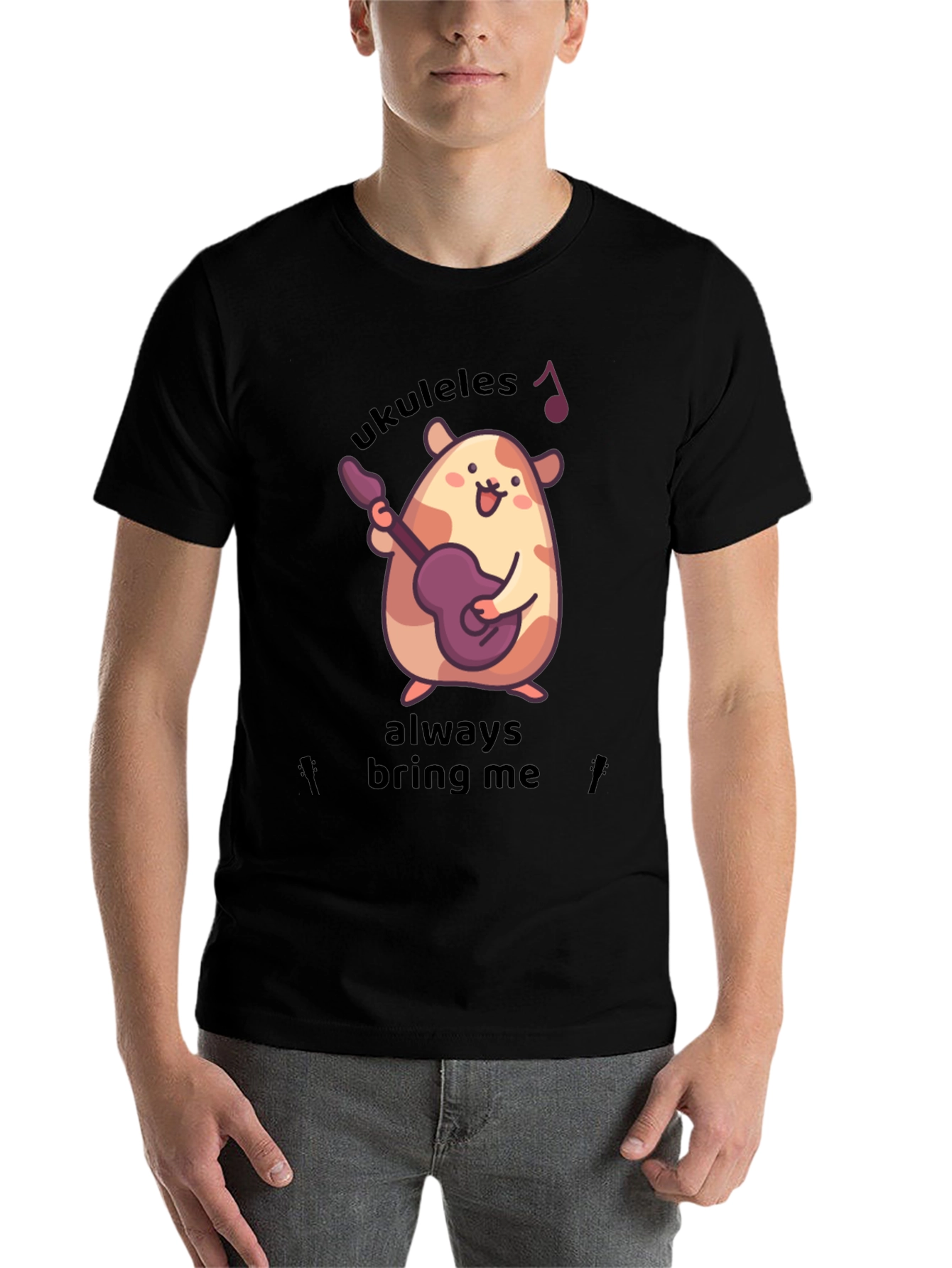 Black Cute Ukulele Hamster Graphic T-Shirt view 7