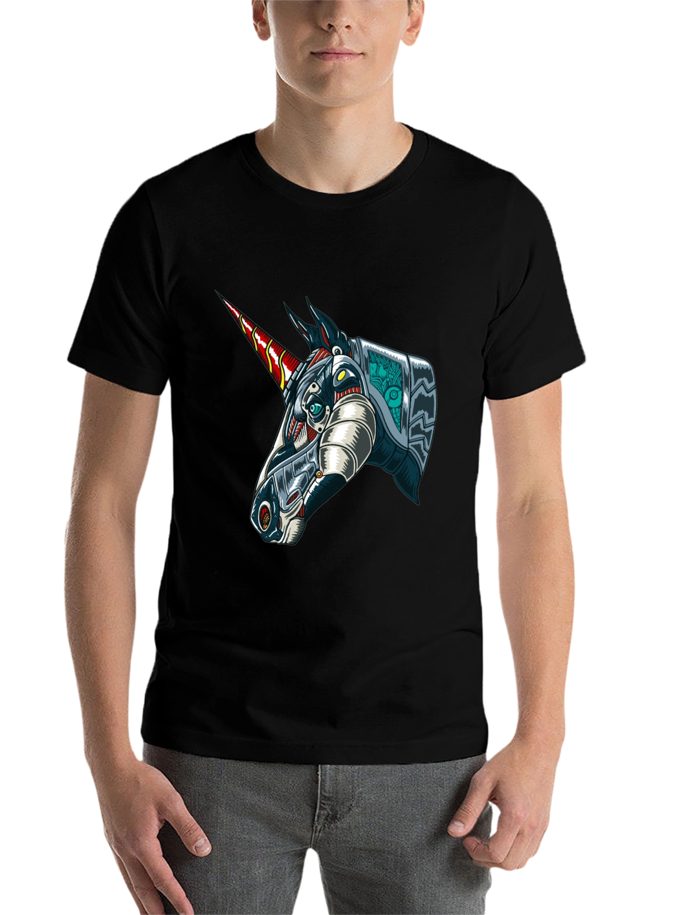 Black Robot Unicorn Graphic Tee - Black Cotton T-Shirt view 7
