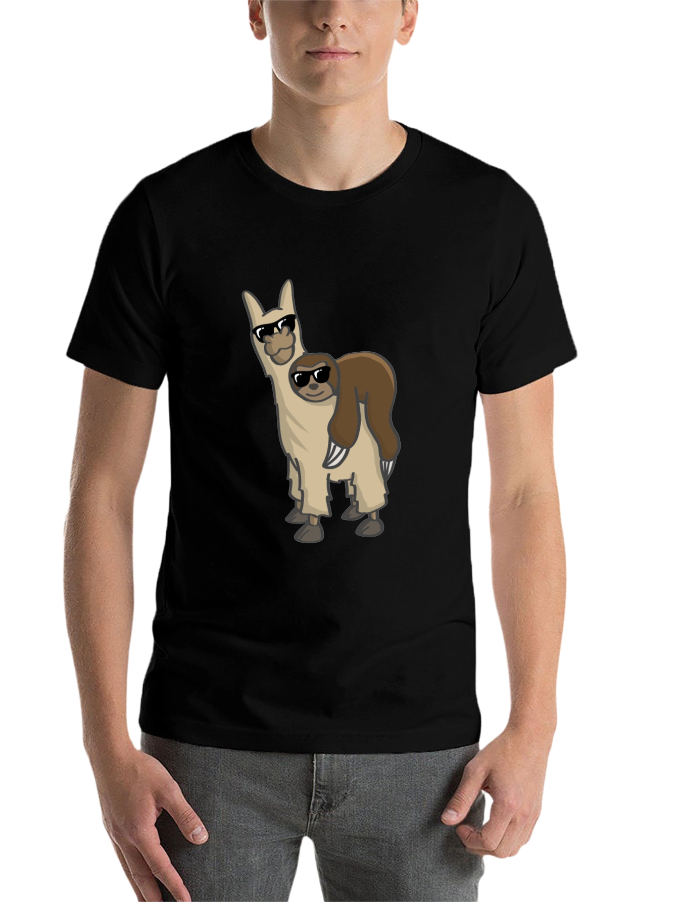 Black Cool Llama & Sloth Graphic Tee - Black Cotton Shirt view 7