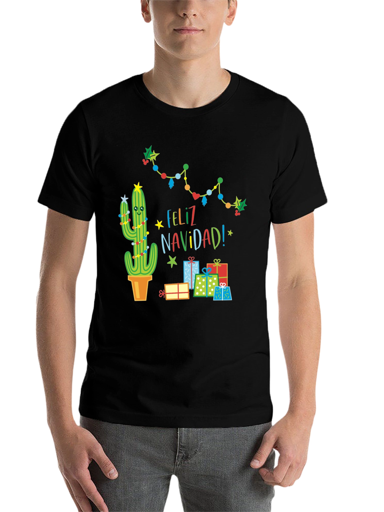 Black Feliz Navidad Cactus T-Shirt - Holiday Gift view 7
